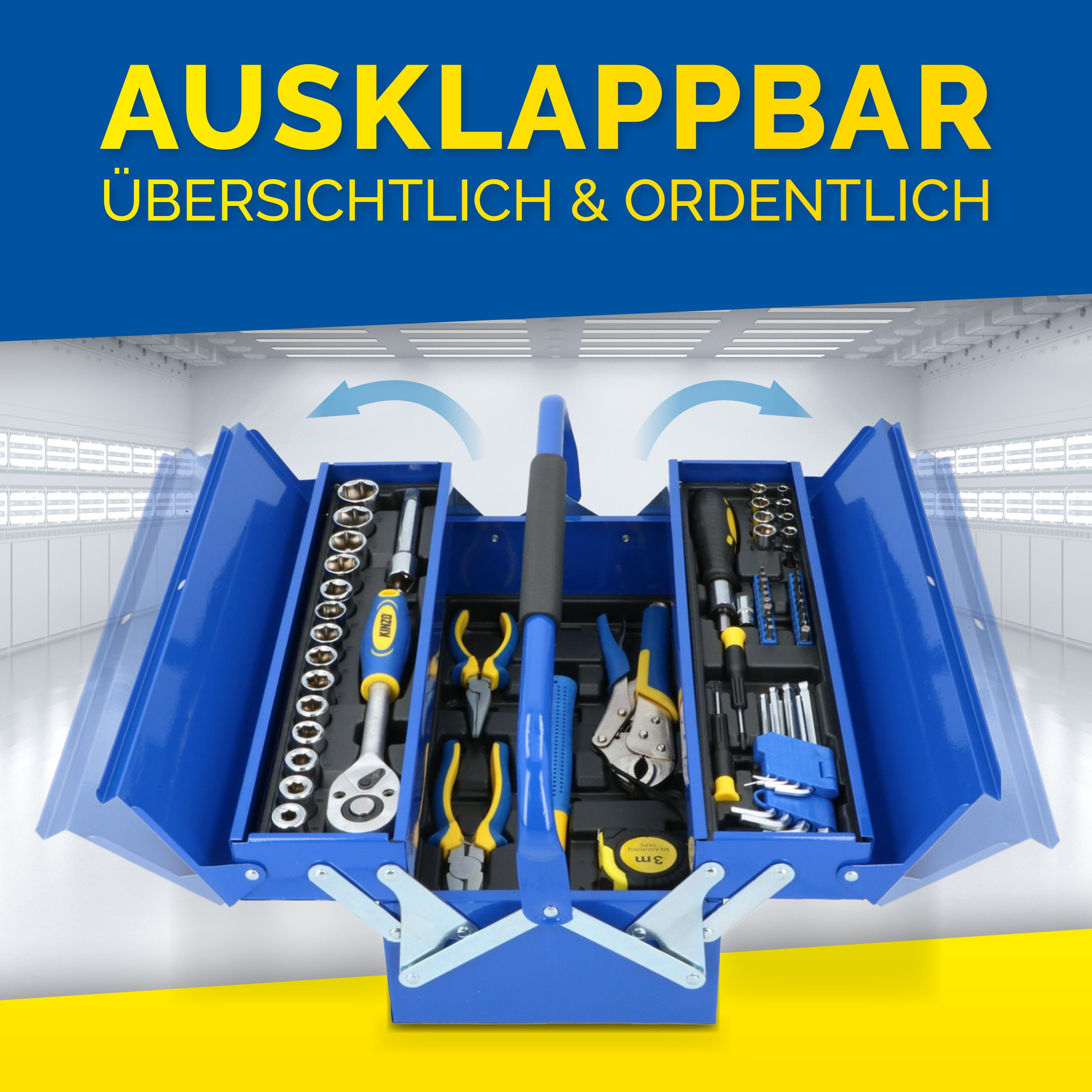 Blauwe gereedschapskist open met gereedschap. Tekst: opvouwbaar, georganiseerd en overzichtelijk. Wit.