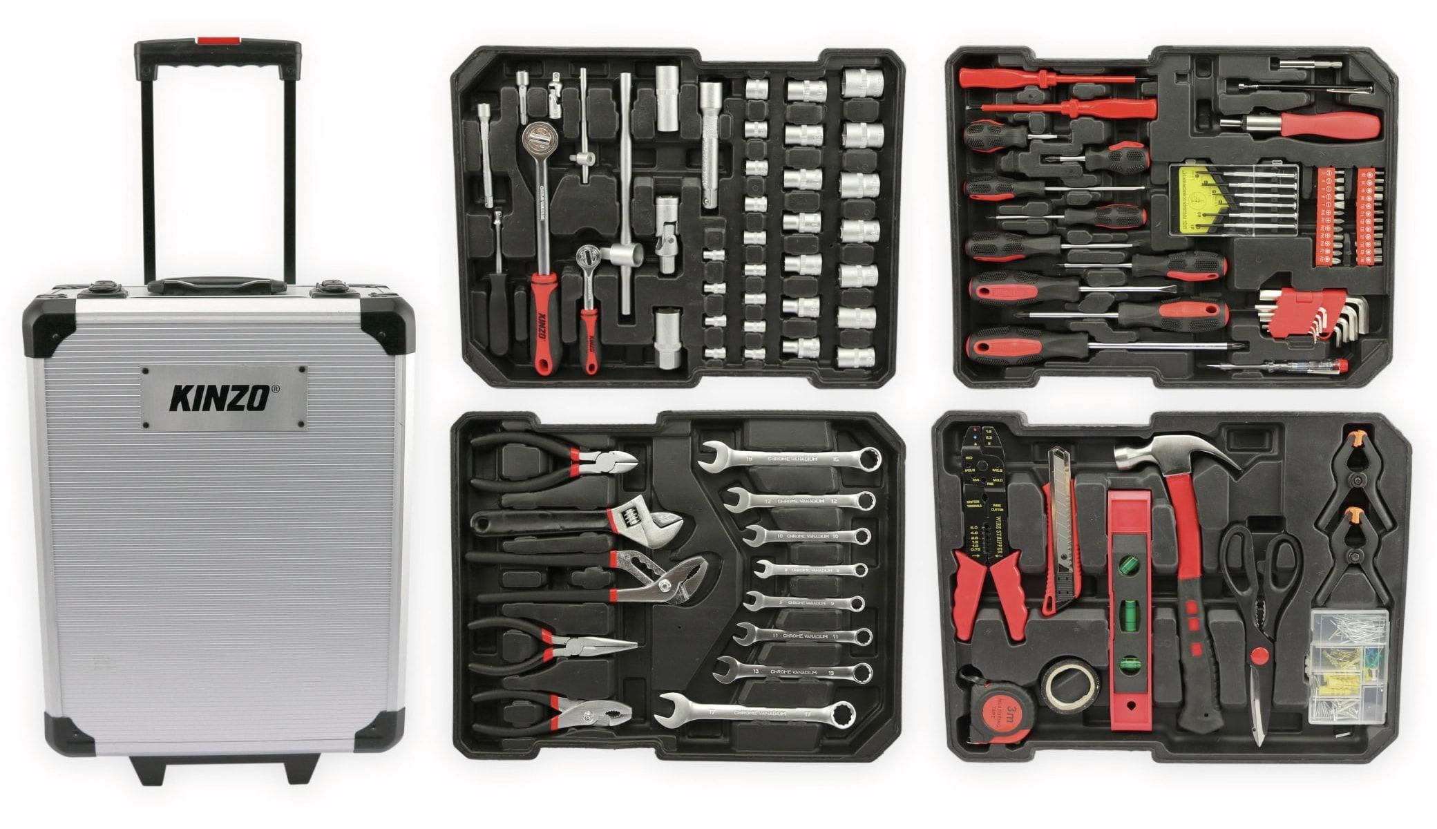 Boîte à outils argentée avec roues et plusieurs plateaux. Plateaux remplis d'outils. Fond blanc.