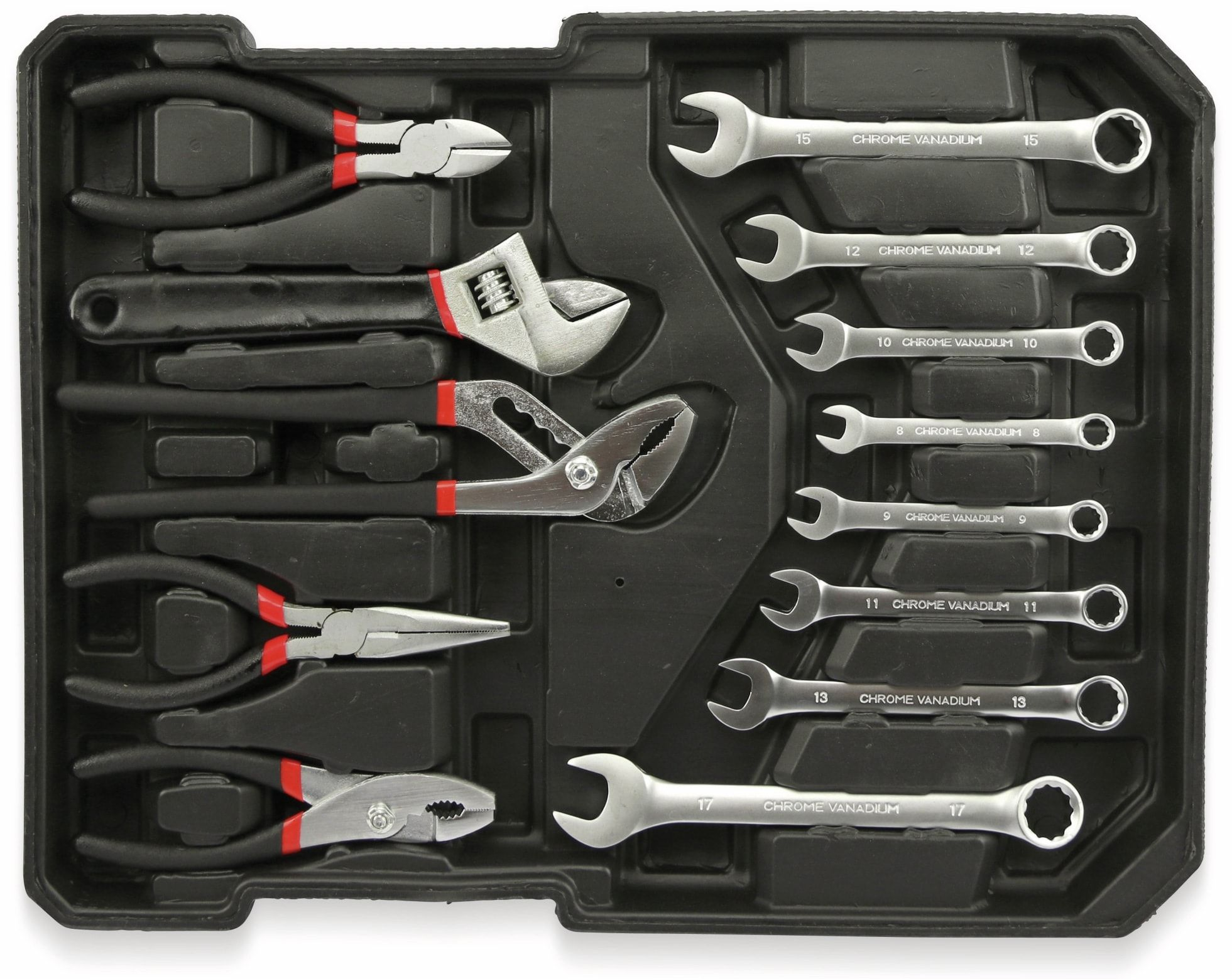 Une boîte à outils noire avec divers outils : pinces, clés et douilles. Outils bien rangés à l'intérieur.