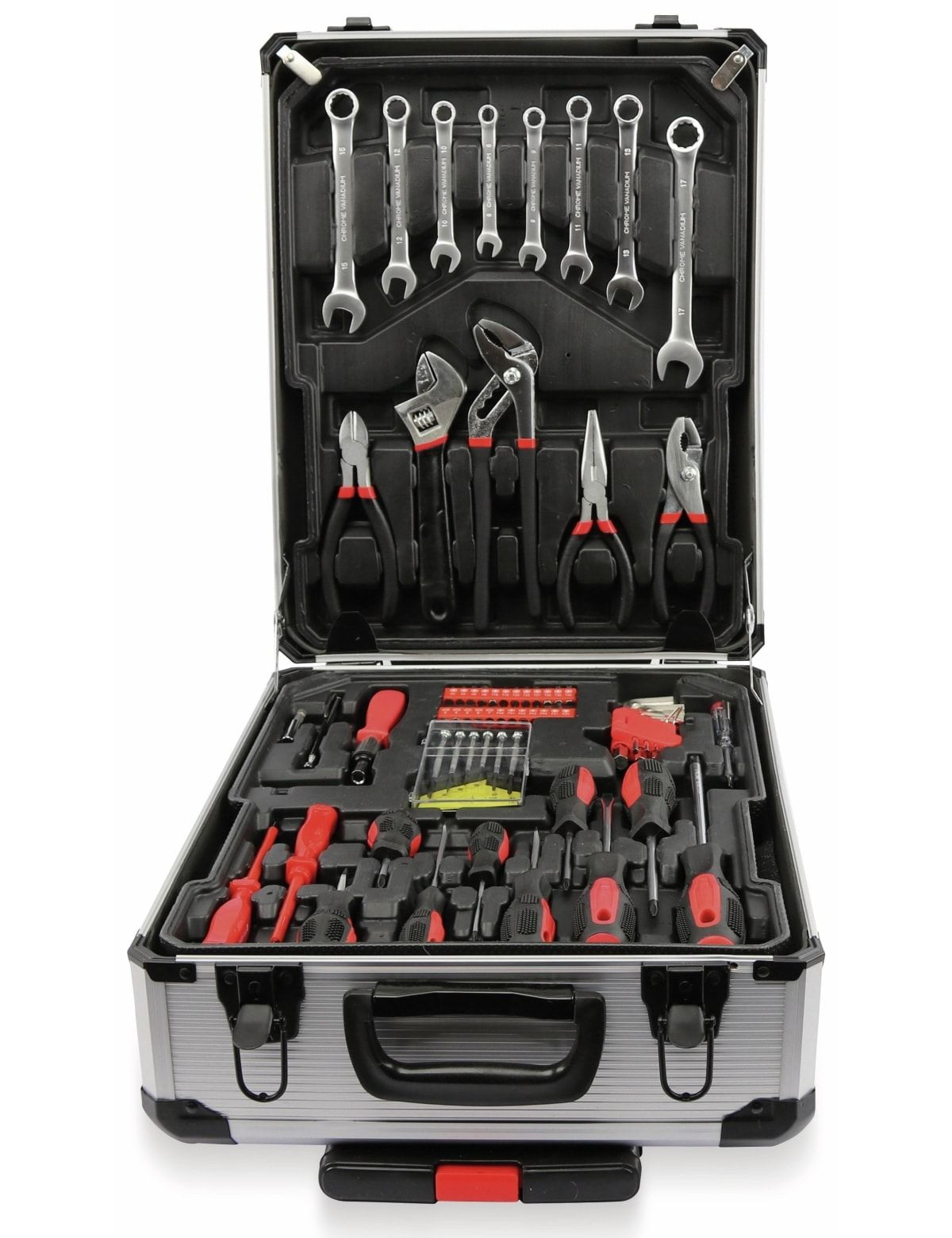 Une boîte à outils argentée ouverte, affichant des outils. Comprend des clés, des pinces, des tournevis et des douilles.