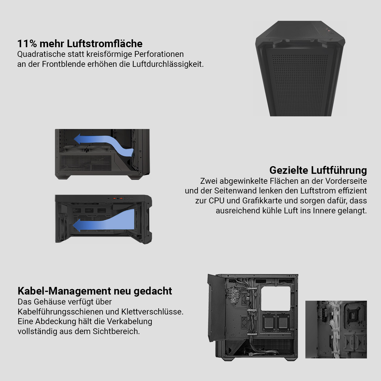 Diagramme und Text, die ein Computergehäuse mit Luftstromdetails in Schwarz zeigen.