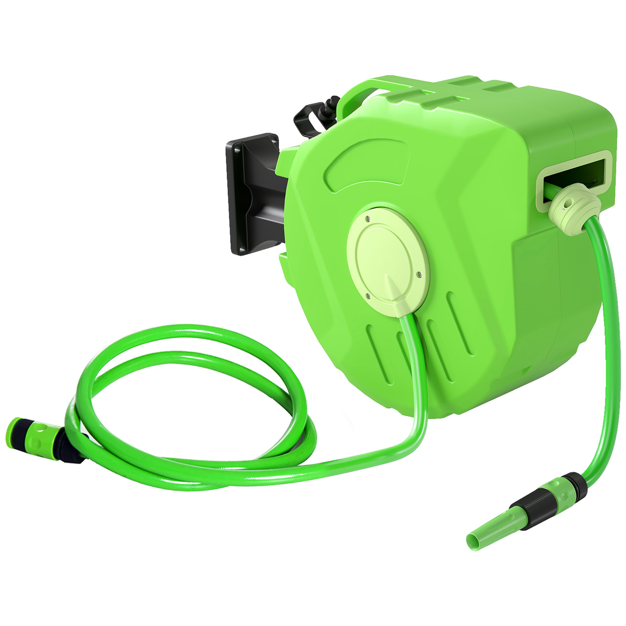 Un avvolgitubo verde con un tubo e un ugello verdi, su sfondo bianco.