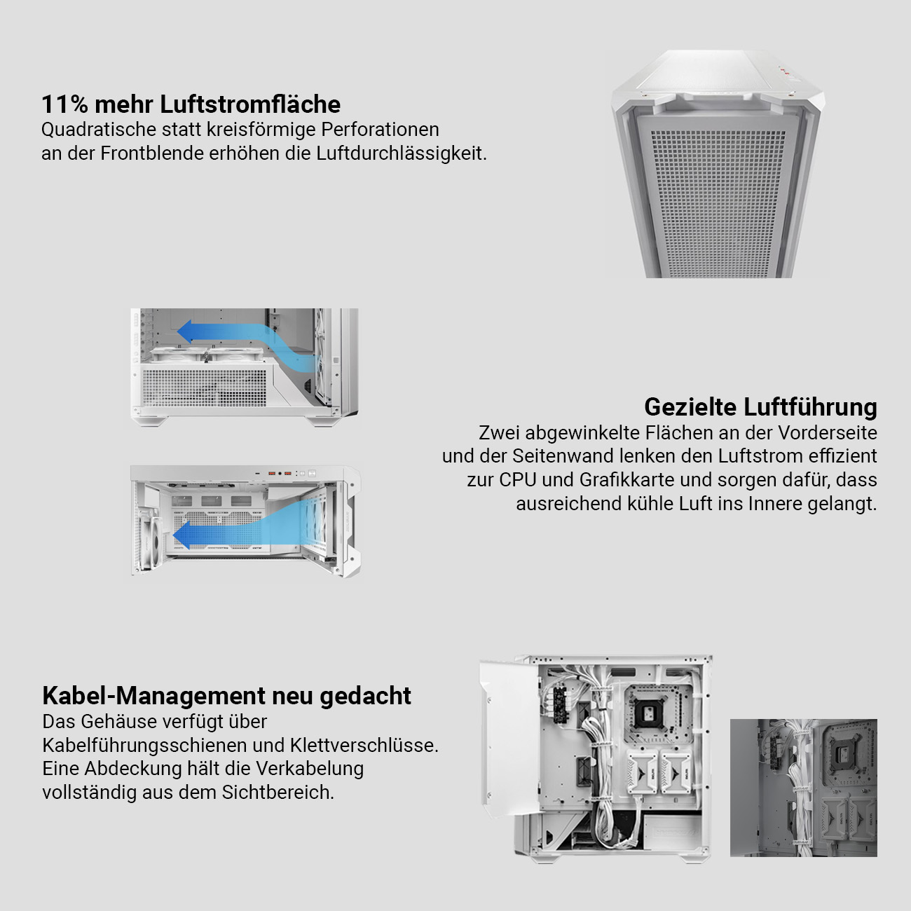 Diagramme und Text, die ein Computergehäuse mit Luftstromdetails in Weiß zeigen.