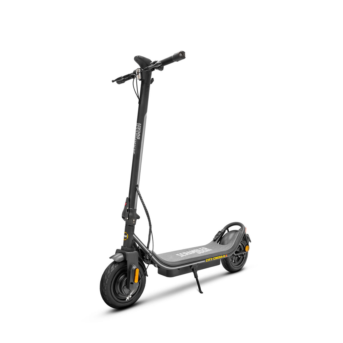 Czarna hulajnoga elektryczna Scrambler Ducati City Cross-E. Żółte logo i akcenty. Czarne koła.