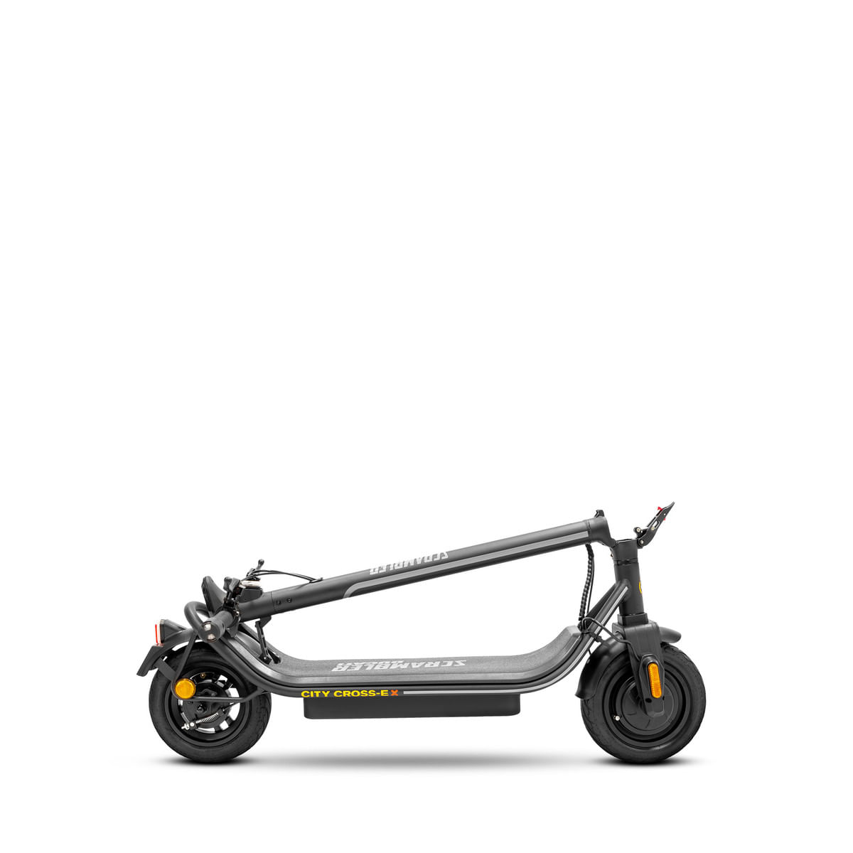 Czarna hulajnoga elektryczna Scrambler City Cross-E, złożona. Żółte detale i logo. Czarne koła.