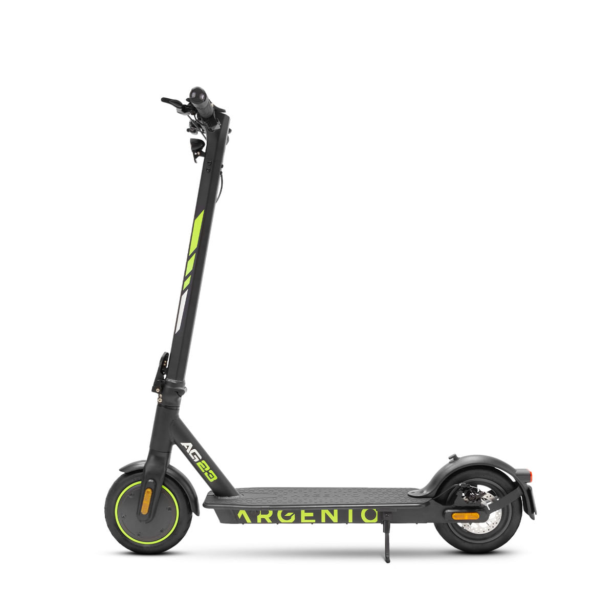 Scooter elettrico nero con dettagli verde neon. Il marchio Argento è visibile.
