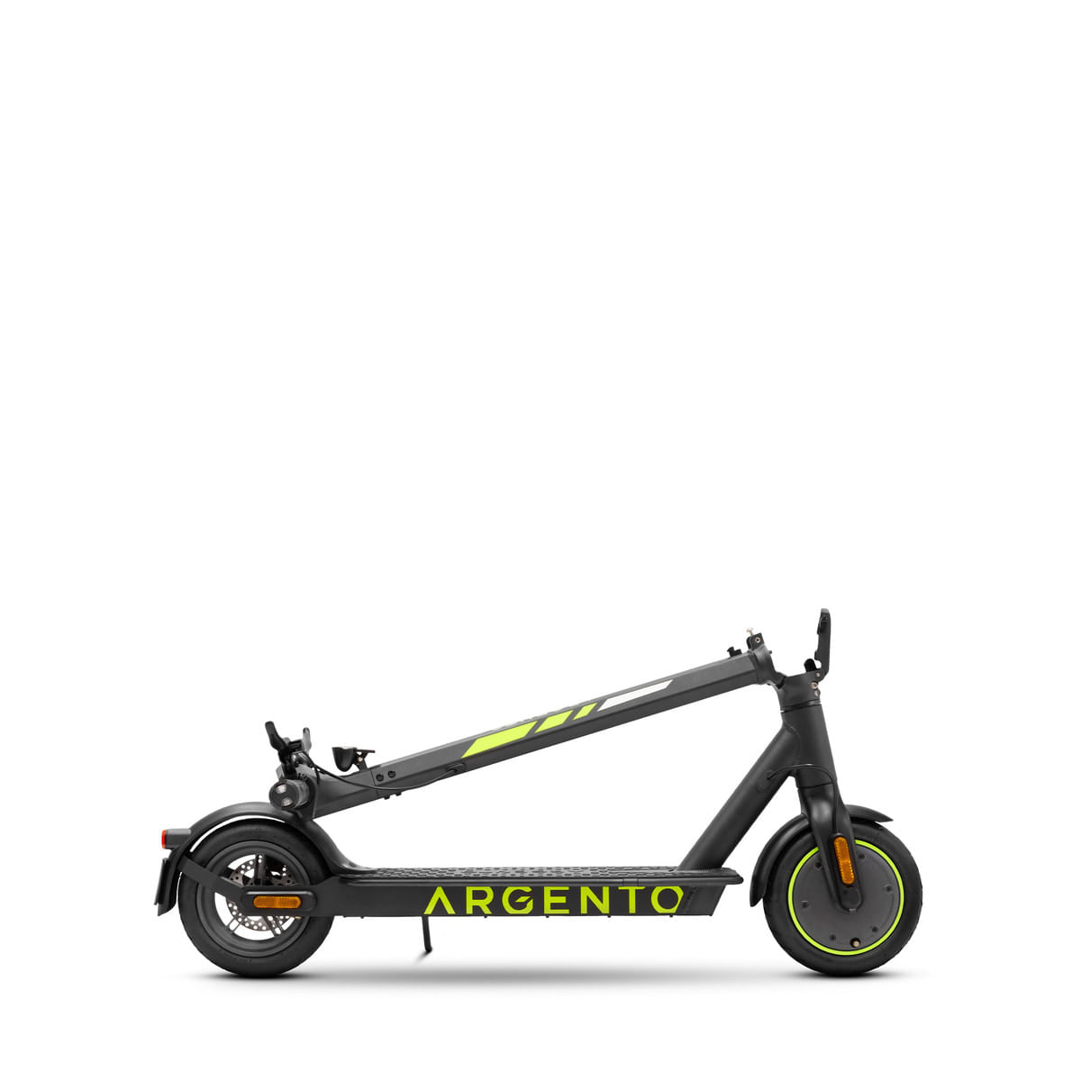Scooter elettrico nero, piegato. Dettagli verde neon. Il marchio Argento è visibile.