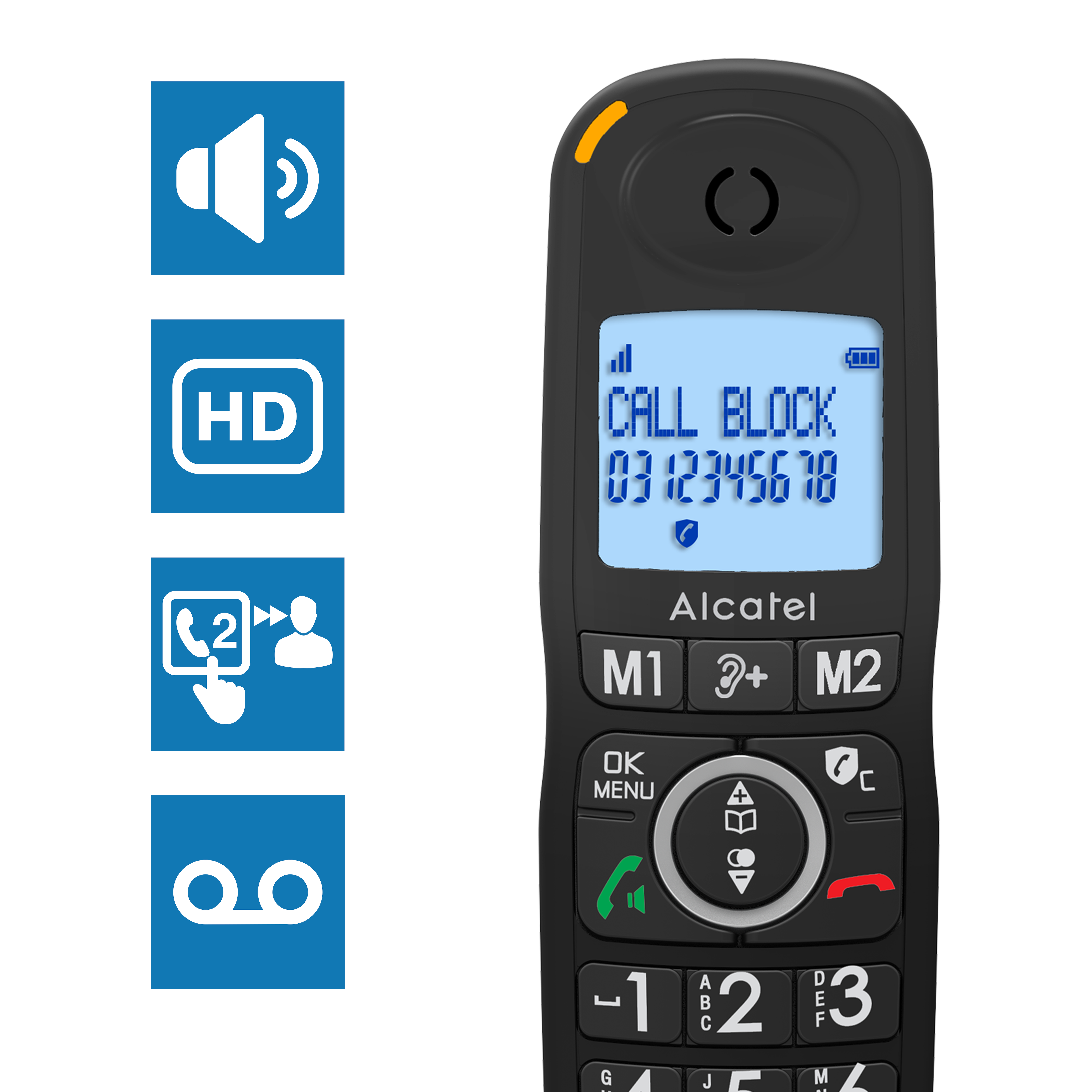 Primo piano di un telefono cordless Alcatel con schermo blu, pulsanti e icone.