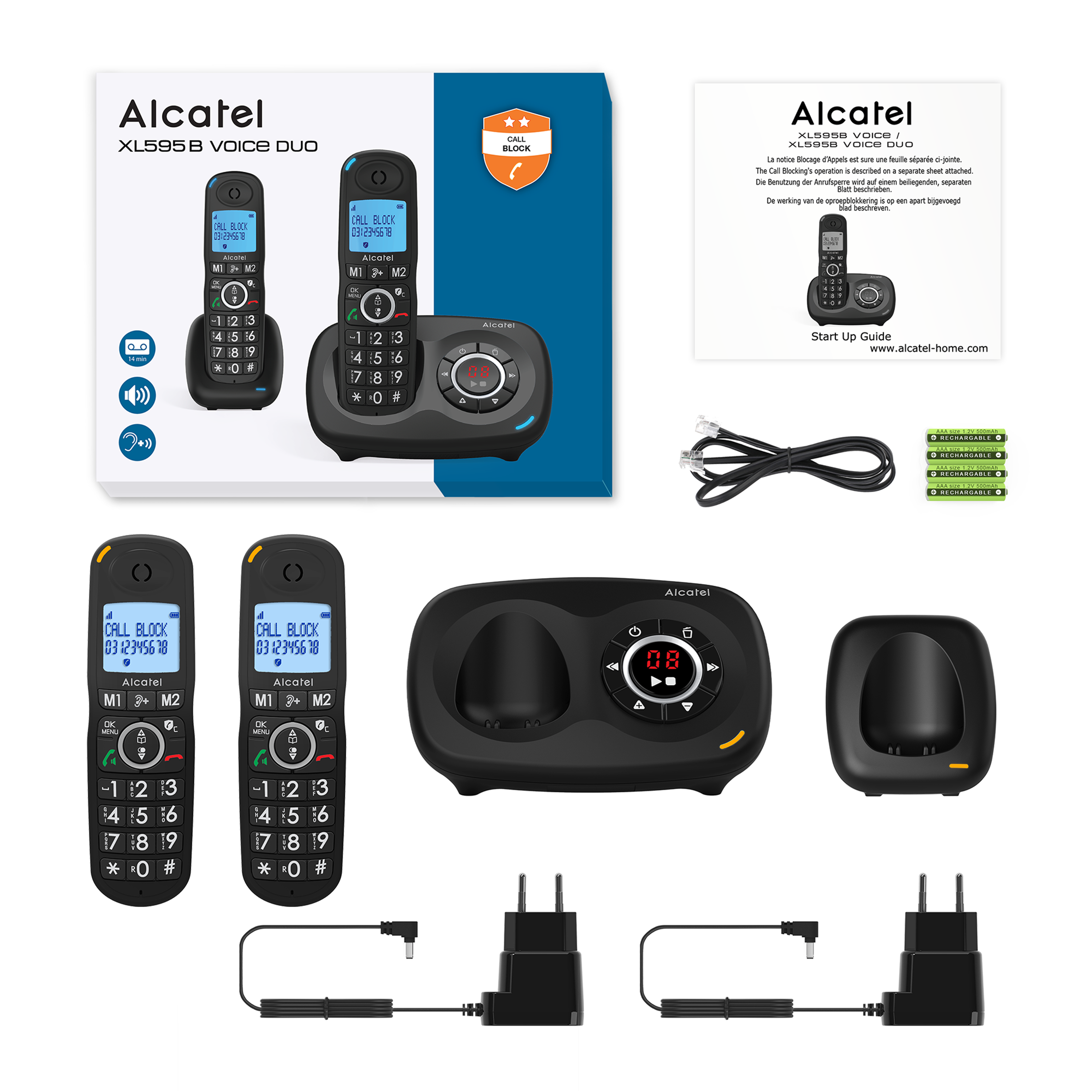 Sistema telefonico Alcatel XL595B Voice Duo. Include due telefoni, base, caricabatterie e accessori.