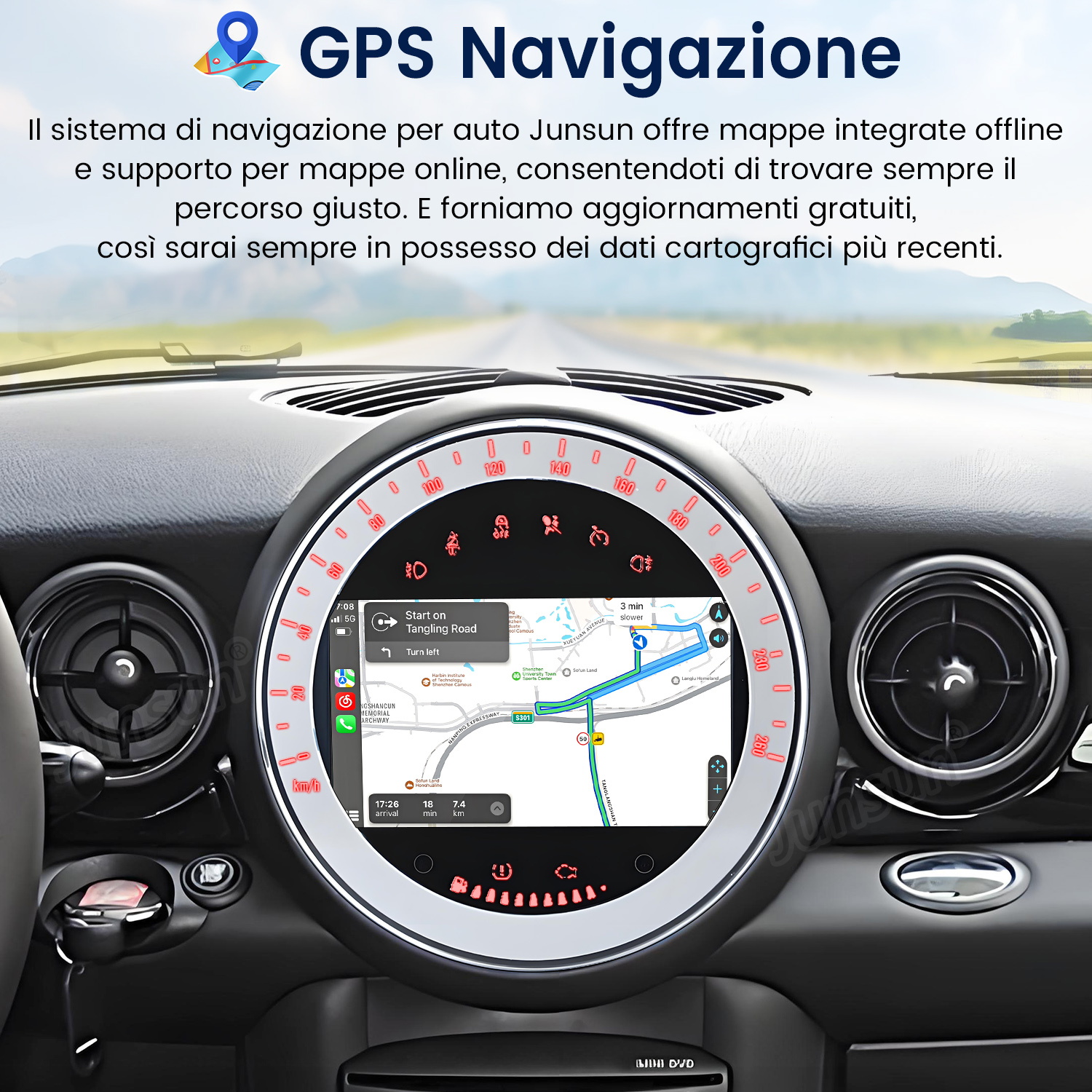 Cruscotto auto con schermo di navigazione che mostra una mappa. Testo 'GPS Navigazione' in alto.