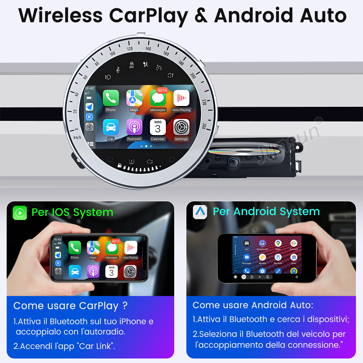 Schermo del cruscotto dell'auto che mostra Wireless CarPlay e Android Auto. Vengono visualizzate anche le istruzioni per l'uso.