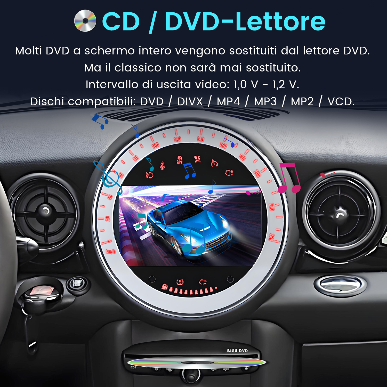 Schermo del cruscotto dell'auto con lettore CD/DVD. Grafica di un'auto blu su una strada, con note musicali.