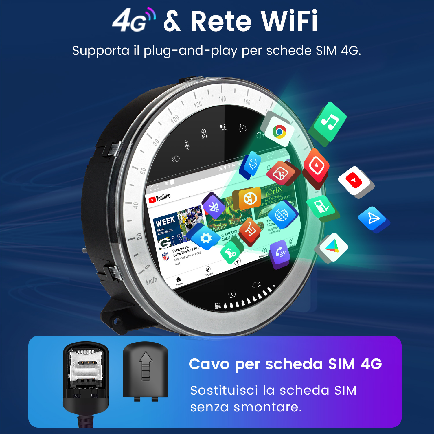 Cruscotto con icone e schermo che mostra le applicazioni. Include uno slot per schede SIM e testo.