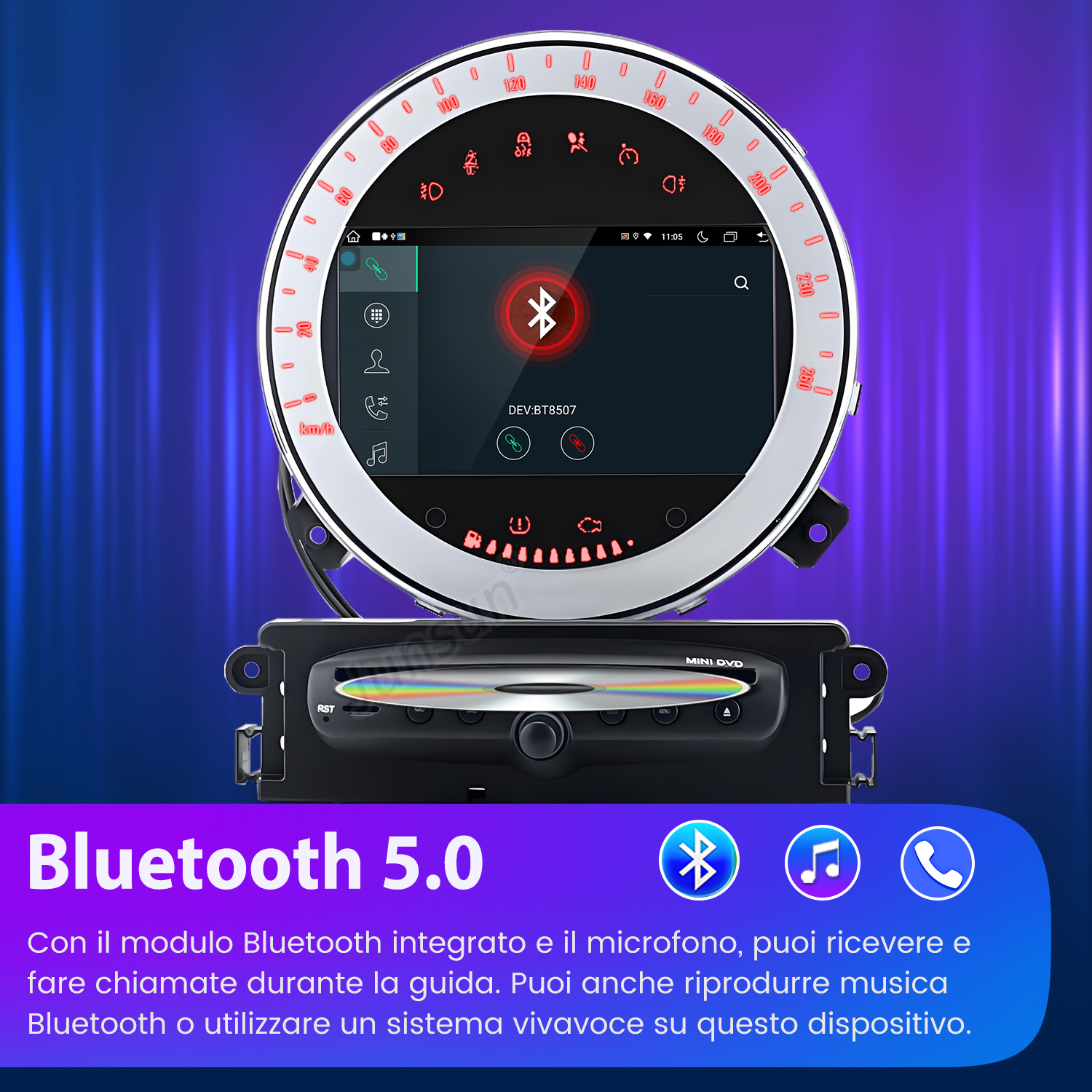 Autoradio con display circolare, pulsanti e slot CD. Sfondo blu con icone e testo.