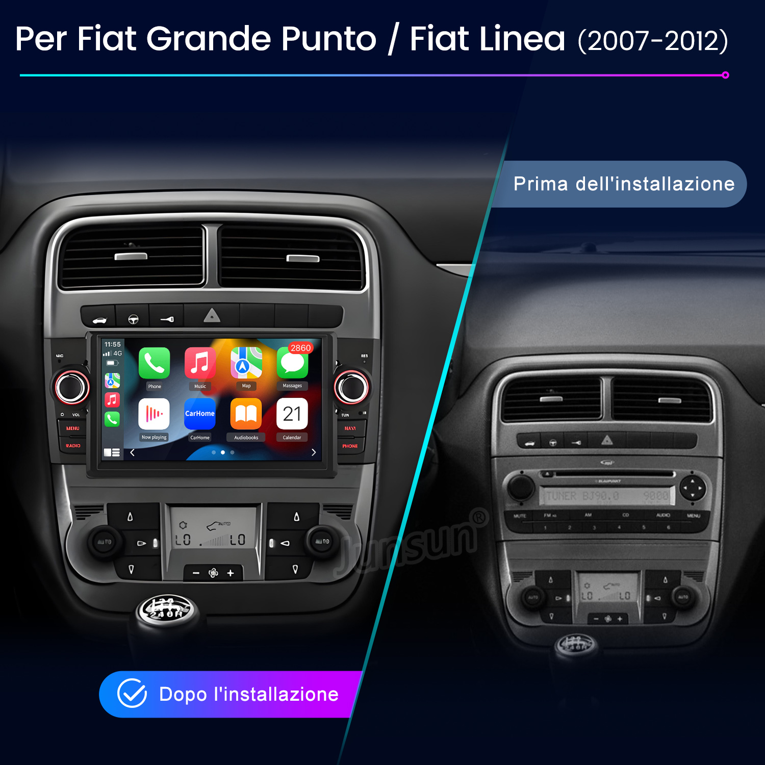 Confronto installazione autoradio: prima e dopo, con nuova interfaccia touchscreen.