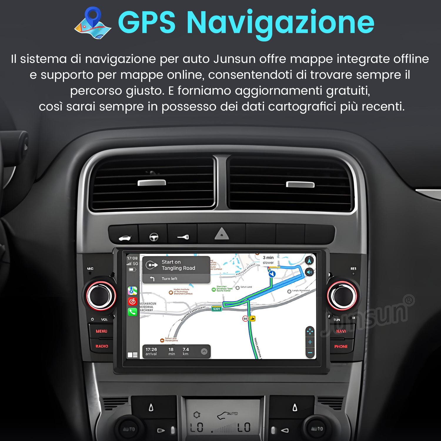 Autoradio con navigazione GPS che mostra un'interfaccia mappa con guida al percorso.