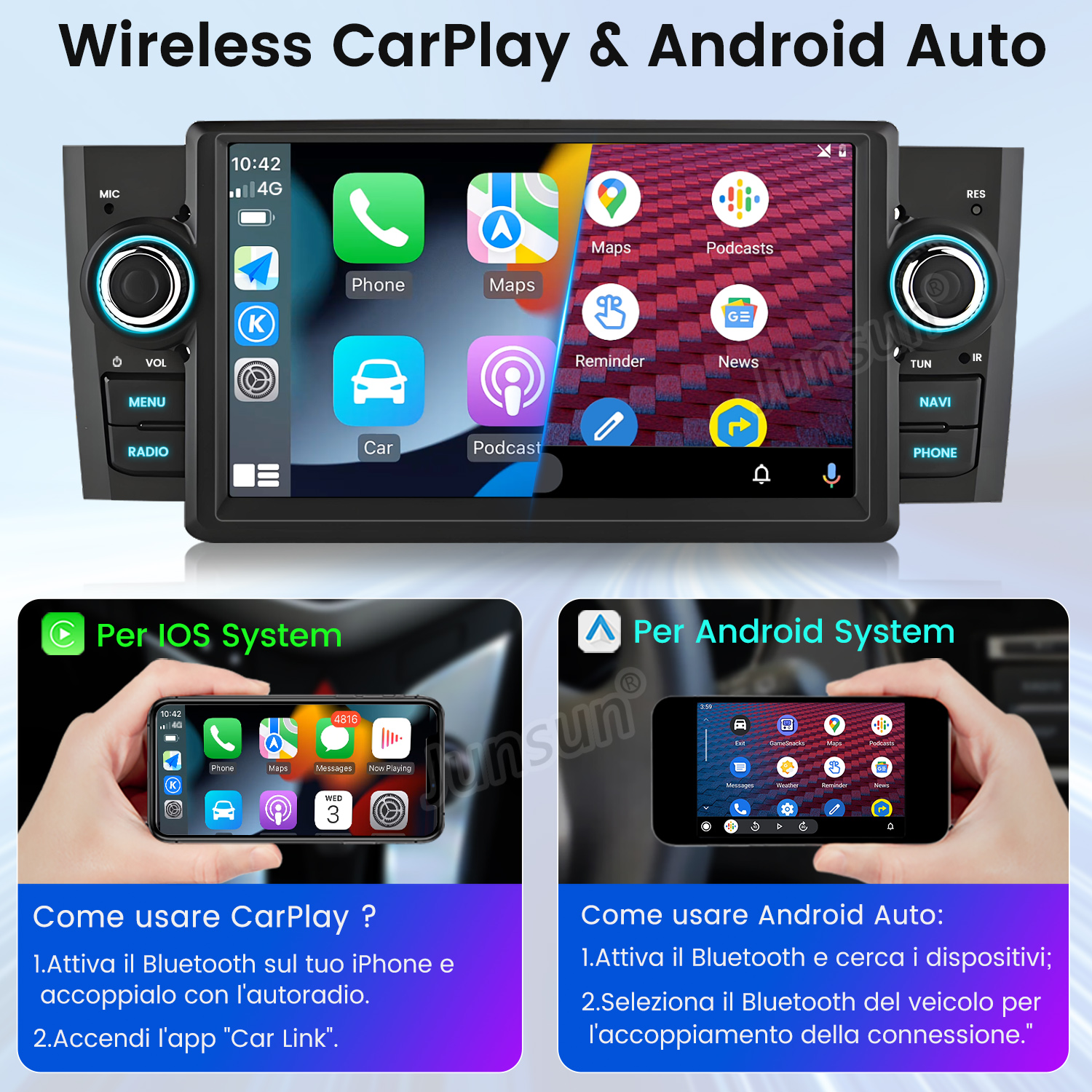 Sistema multimediale per auto con display, mostra icone di app e istruzioni per usare CarPlay e Android Auto.