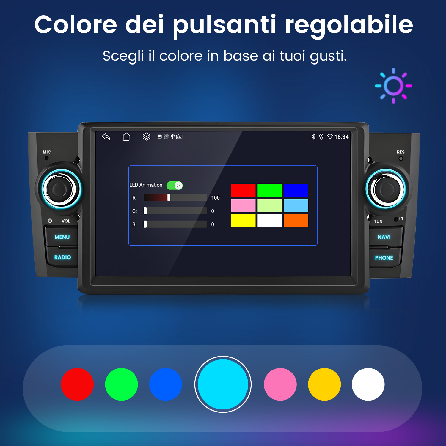Display del sistema multimediale per auto con colori dei pulsanti regolabili, mostra opzioni colore e impostazioni animazione LED.