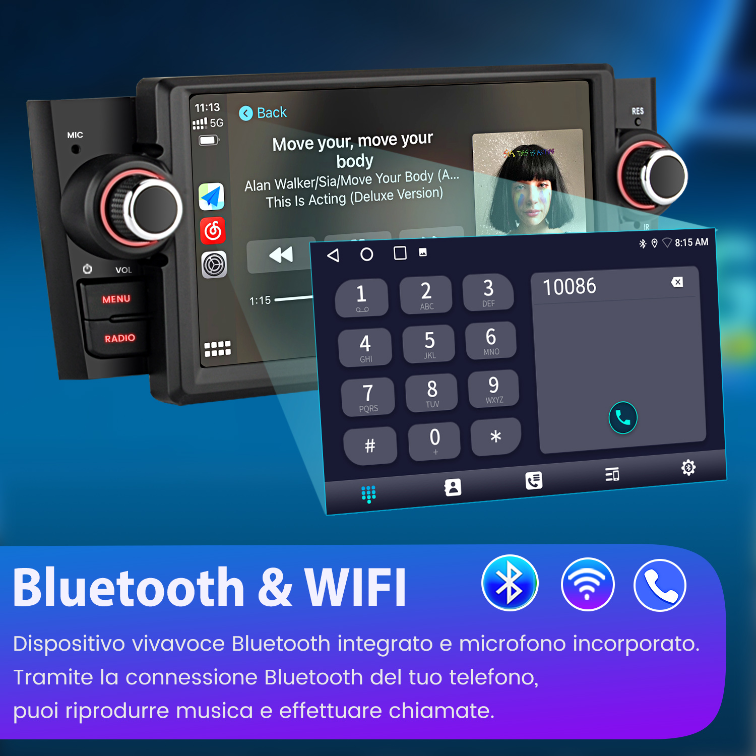 Interfaccia autoradio con funzioni Bluetooth e WiFi, che mostra un'interfaccia telefonica.