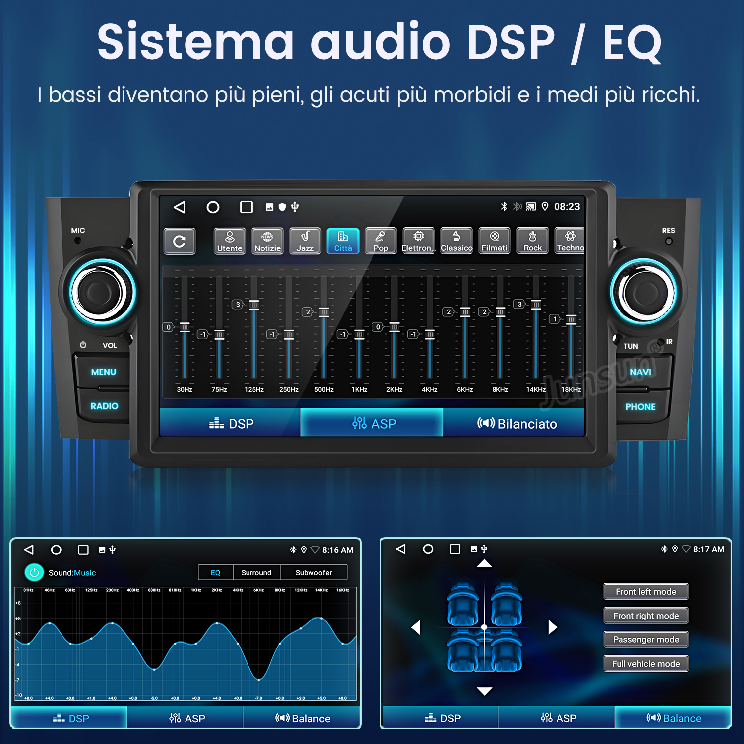 Interfaccia del sistema multimediale per auto, mostra un'interfaccia DSP/EQ audio con diverse impostazioni e opzioni audio.
