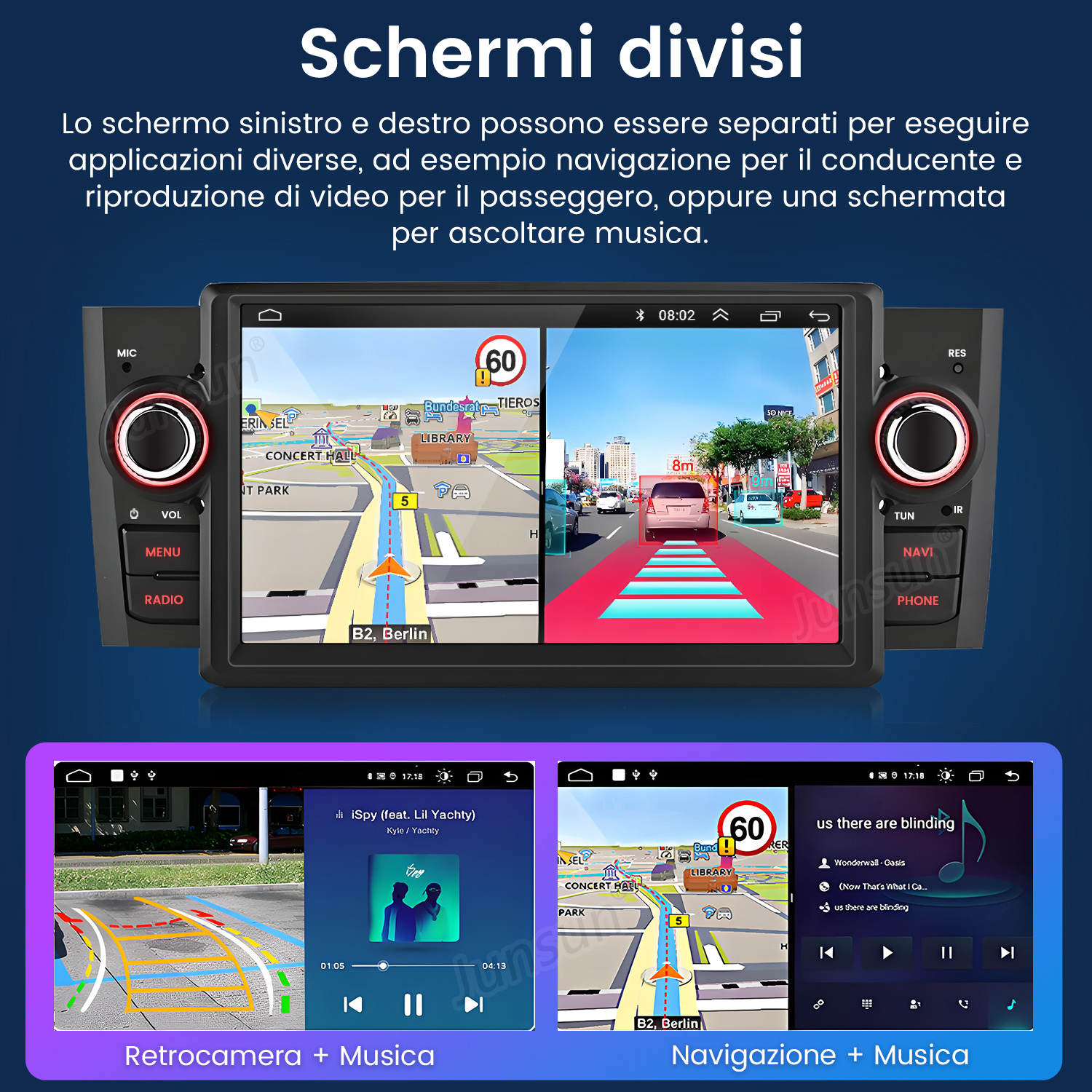 Interfaccia autoradio con schermo diviso che mostra navigazione e controlli musicali.