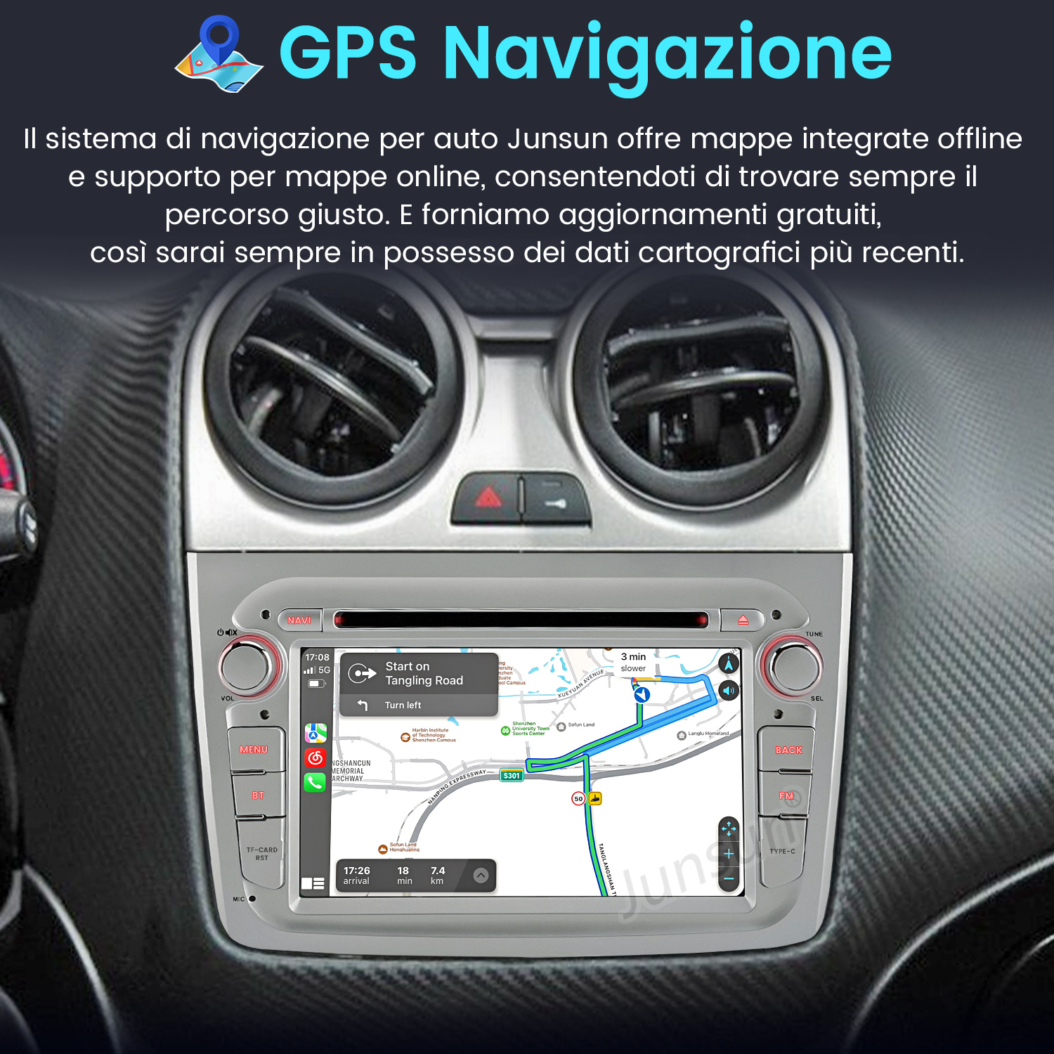 Sistema multimediale per auto che mostra la navigazione GPS su un cruscotto, visualizzando una mappa con un percorso e indicazioni di navigazione.