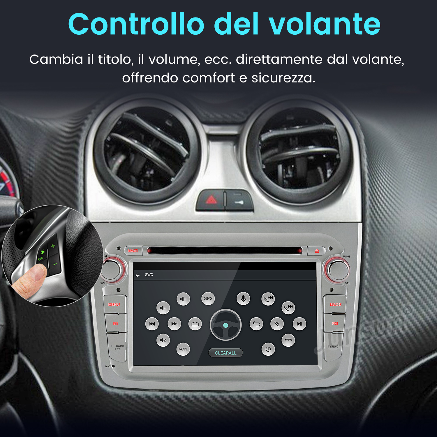 Interfaccia del sistema multimediale per auto, che mostra i controlli del volante per volume, traccia e altre funzioni.