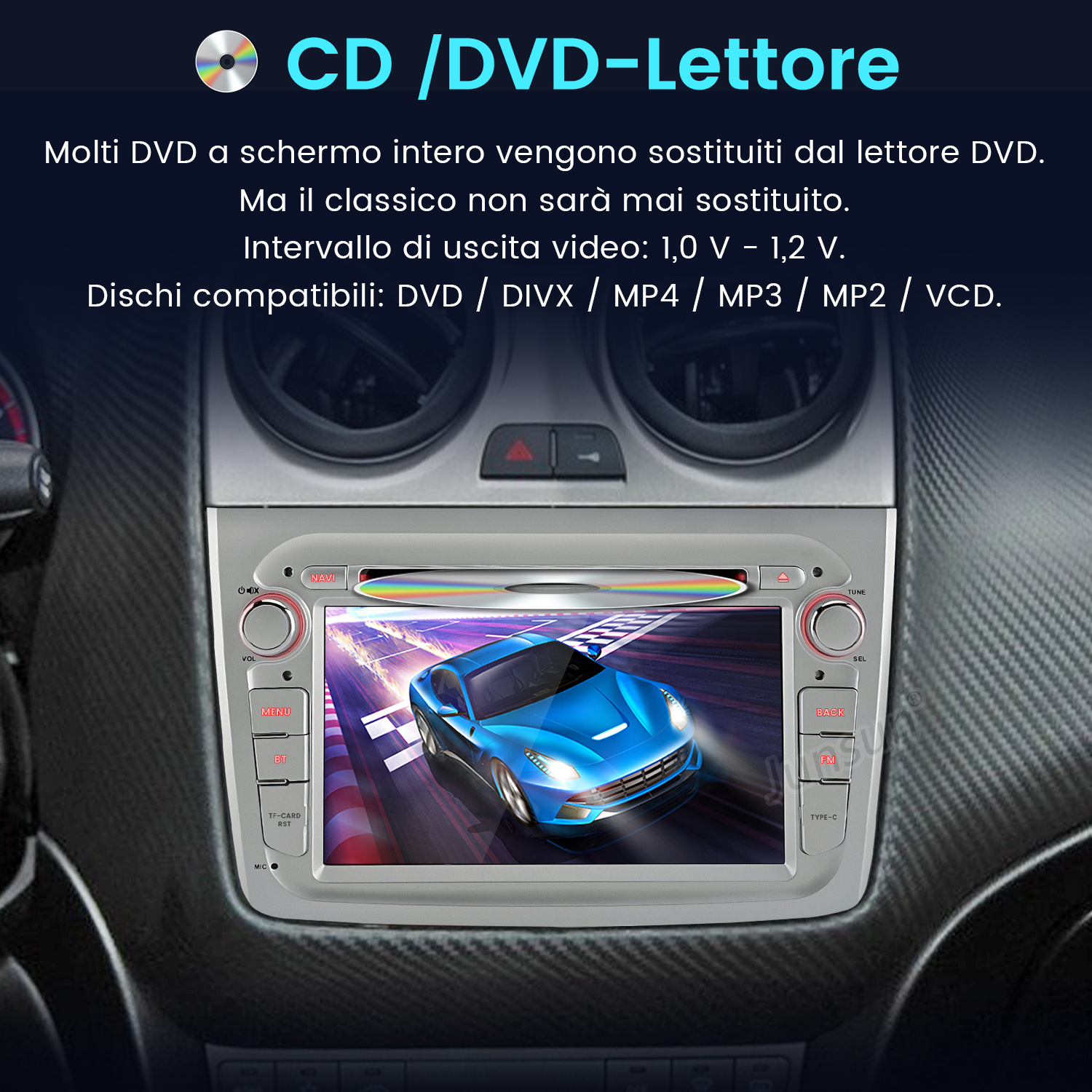 Autoradio che mostra un'interfaccia lettore CD/DVD che riproduce un video di auto blu.