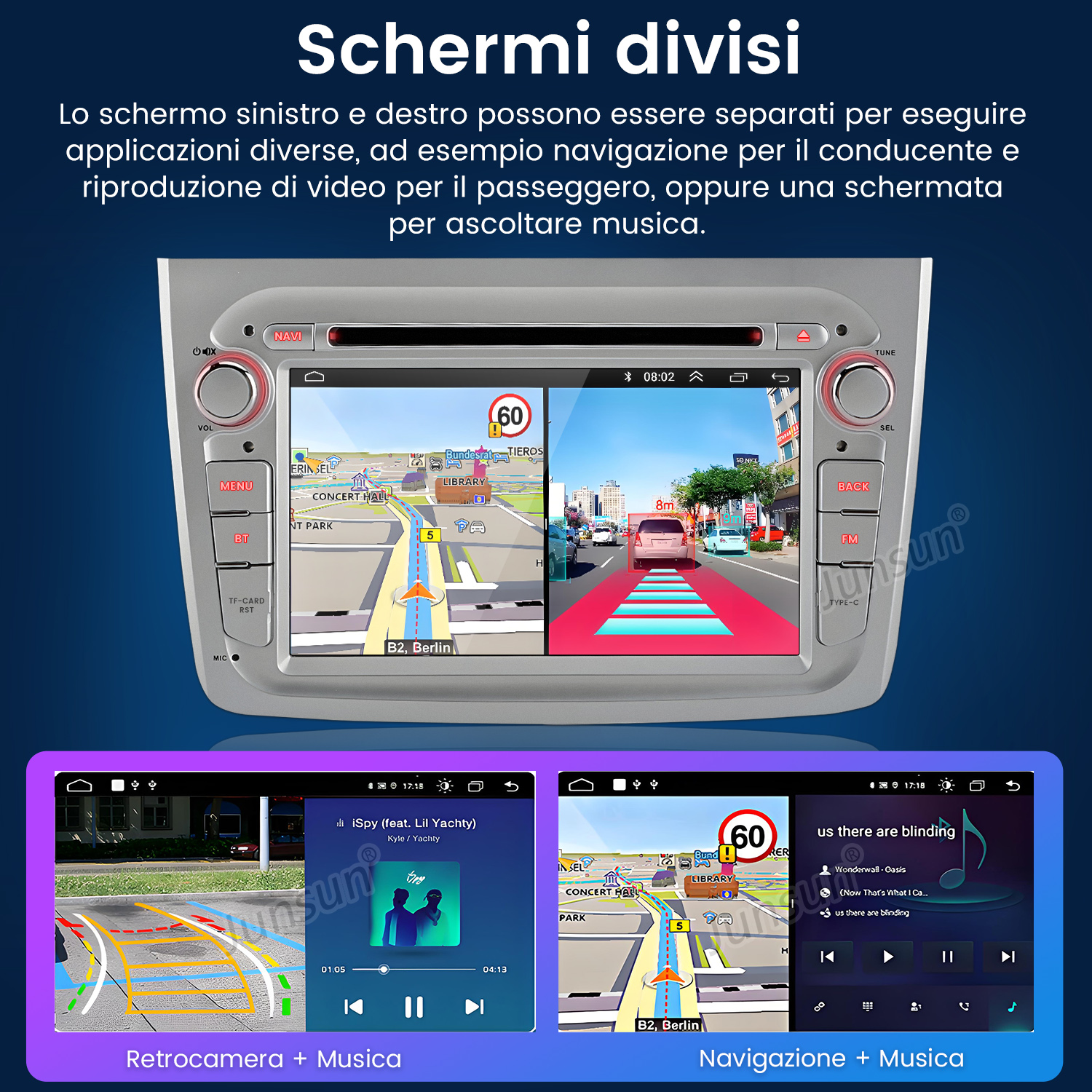 Interfaccia autoradio con schermo diviso che mostra navigazione e musica.