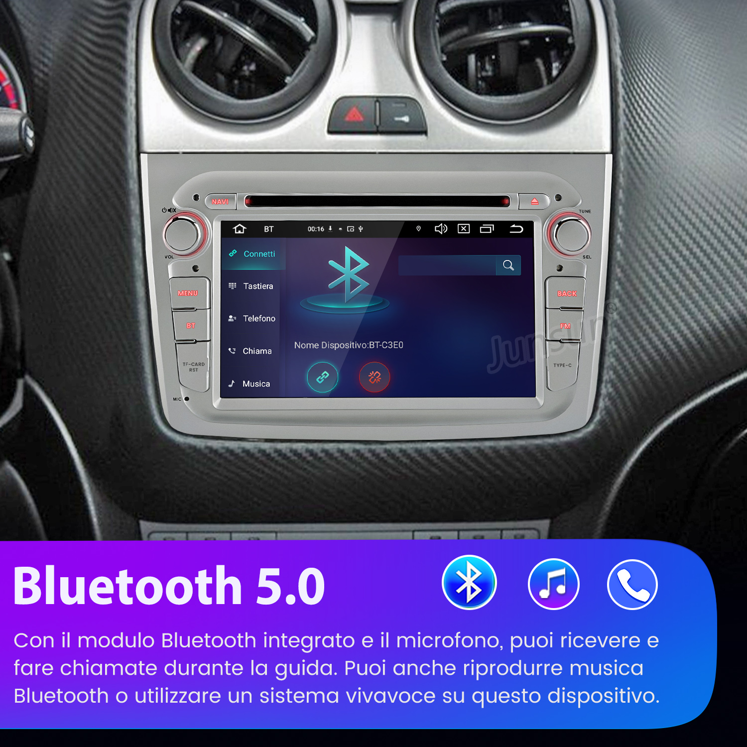 Interfaccia autoradio che mostra le funzioni Bluetooth 5.0 con icone e testo correlati.