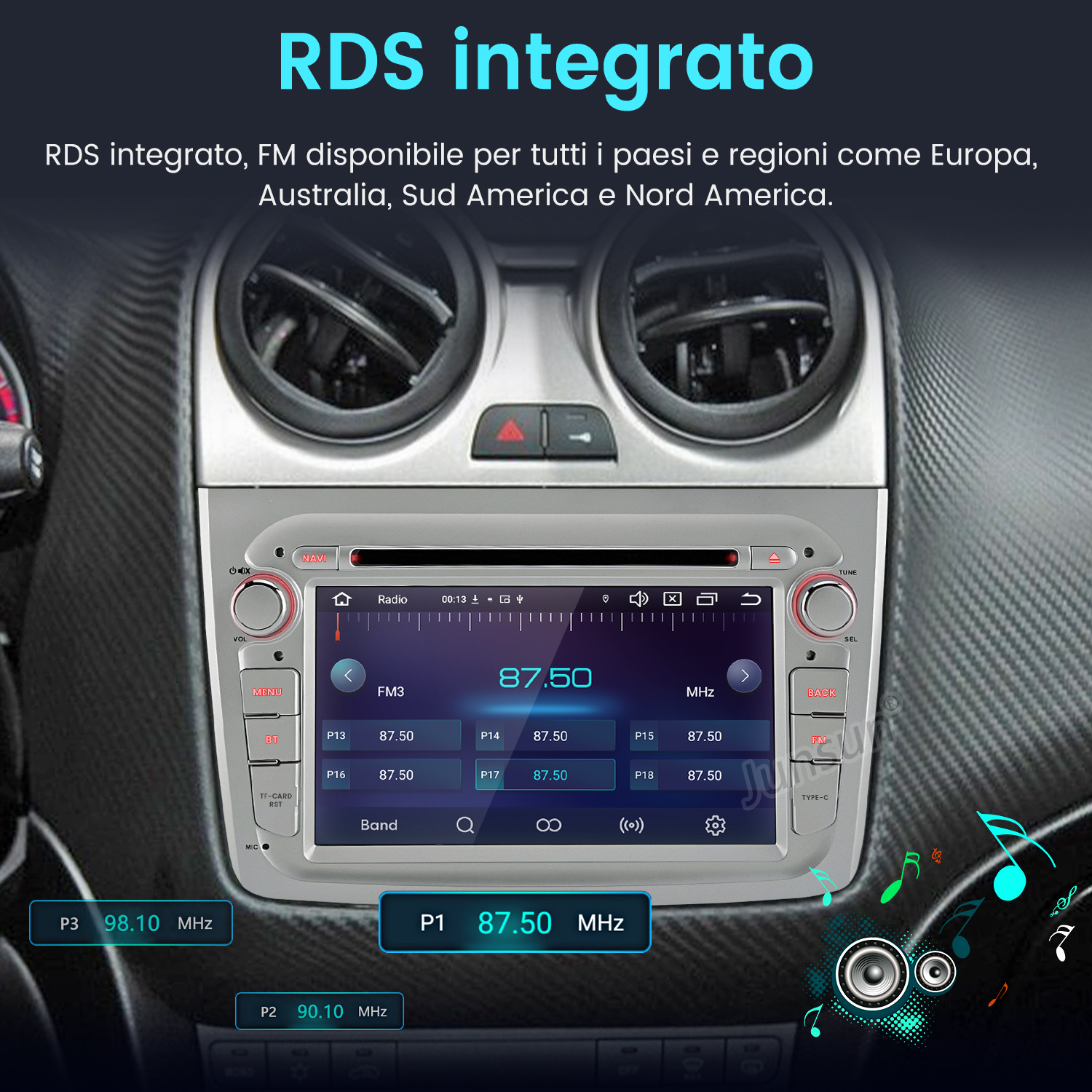 Interfaccia del sistema multimediale per auto, che mostra le impostazioni radio FM con frequenza, RDS e informazioni sulla stazione.