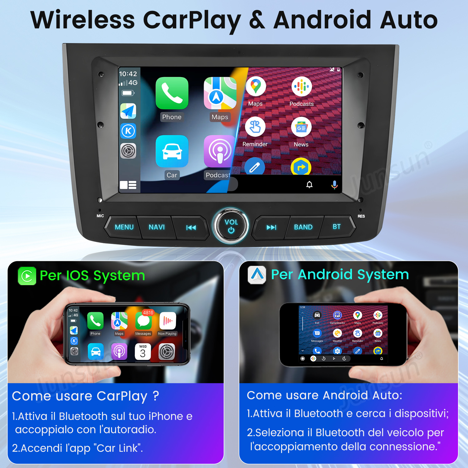 Un'interfaccia stereo per auto mostra app, navigazione e altre funzioni per sistemi iOS e Android.