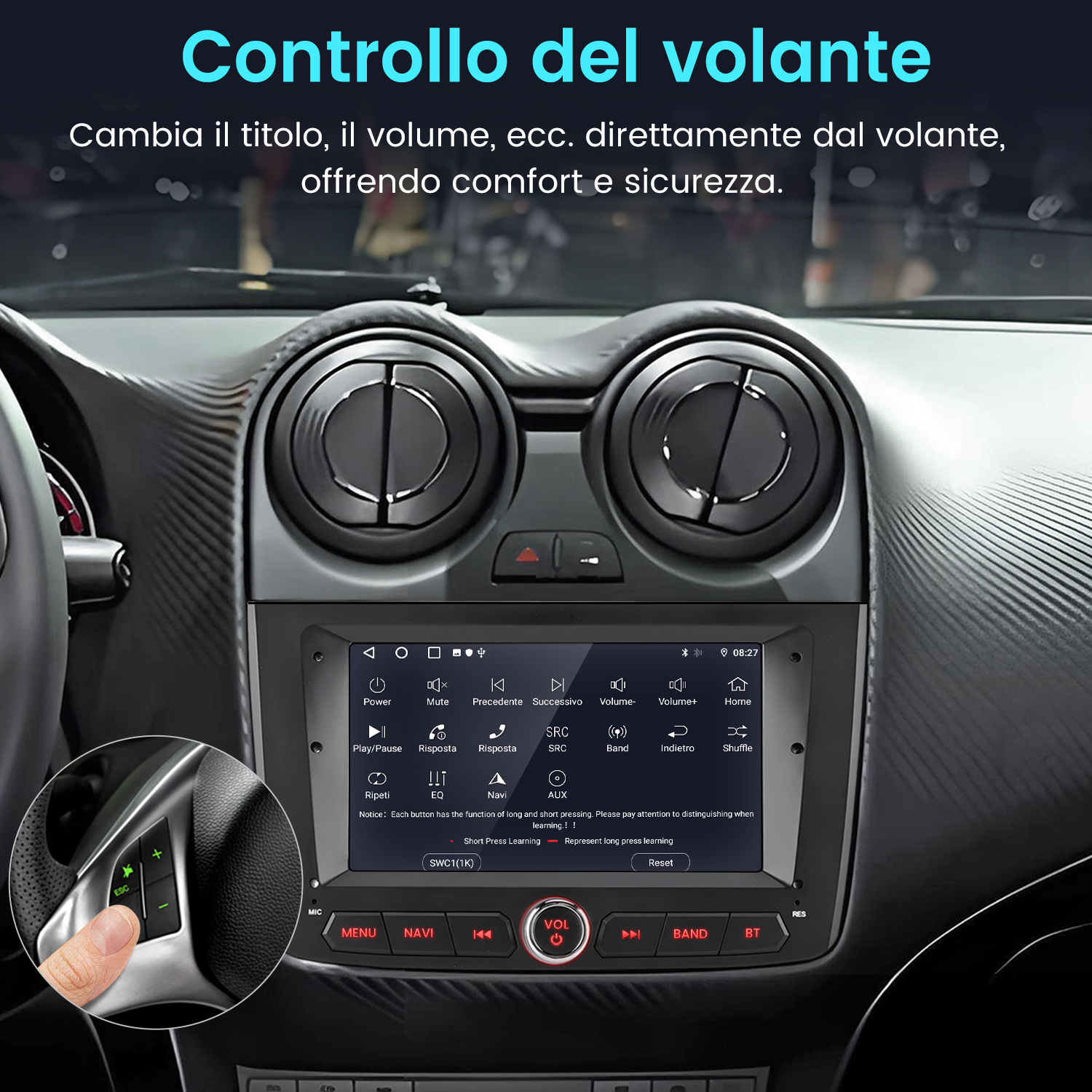 Un cruscotto dell'auto che mostra uno schermo, una mano preme un pulsante sul volante.