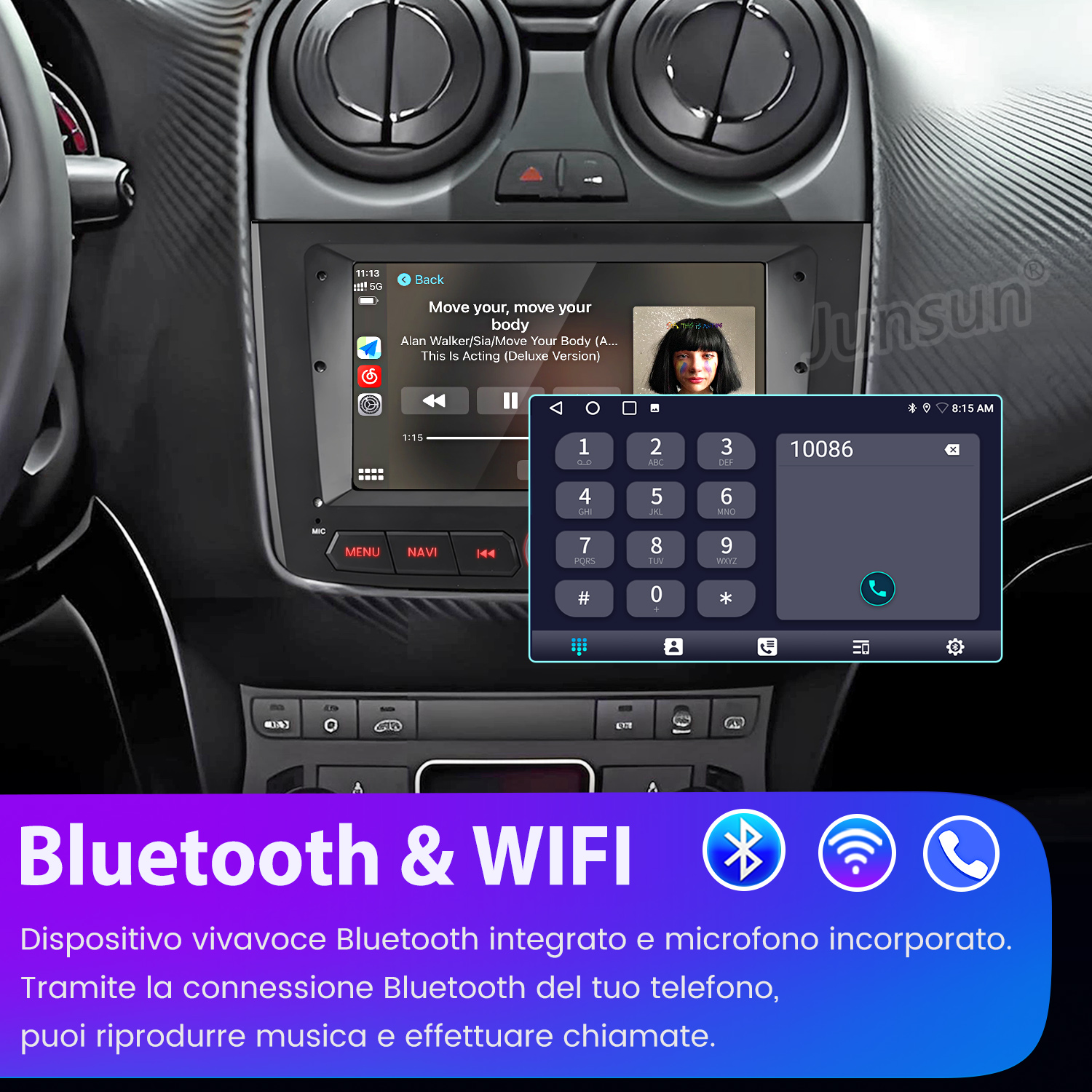 Un'autoradio mostra l'interfaccia musicale e il dialer telefonico, evidenziando Bluetooth e WiFi.