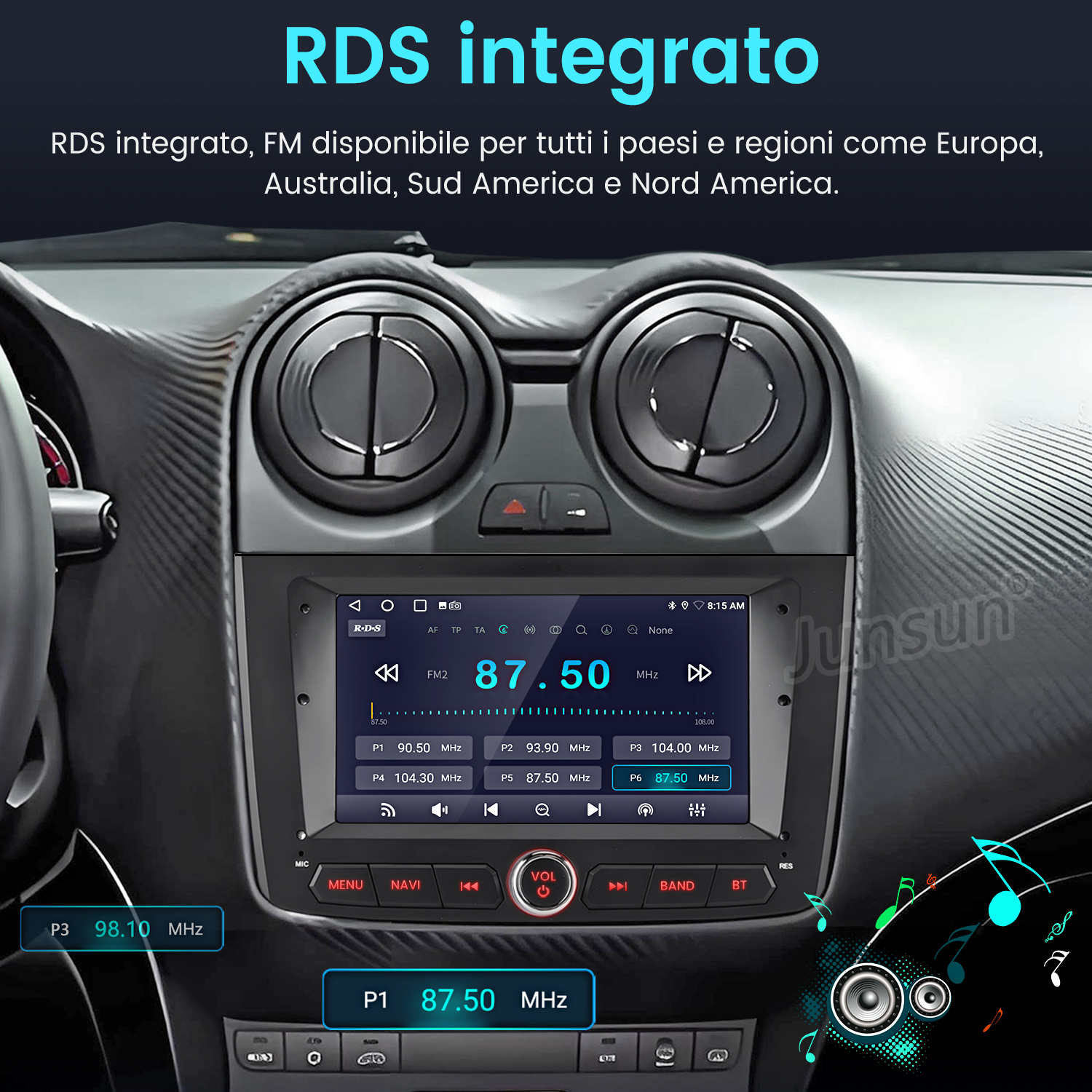 Uno schermo autoradio con informazioni radio. Mostra le frequenze radio FM, con una vista del cruscotto dell'auto.