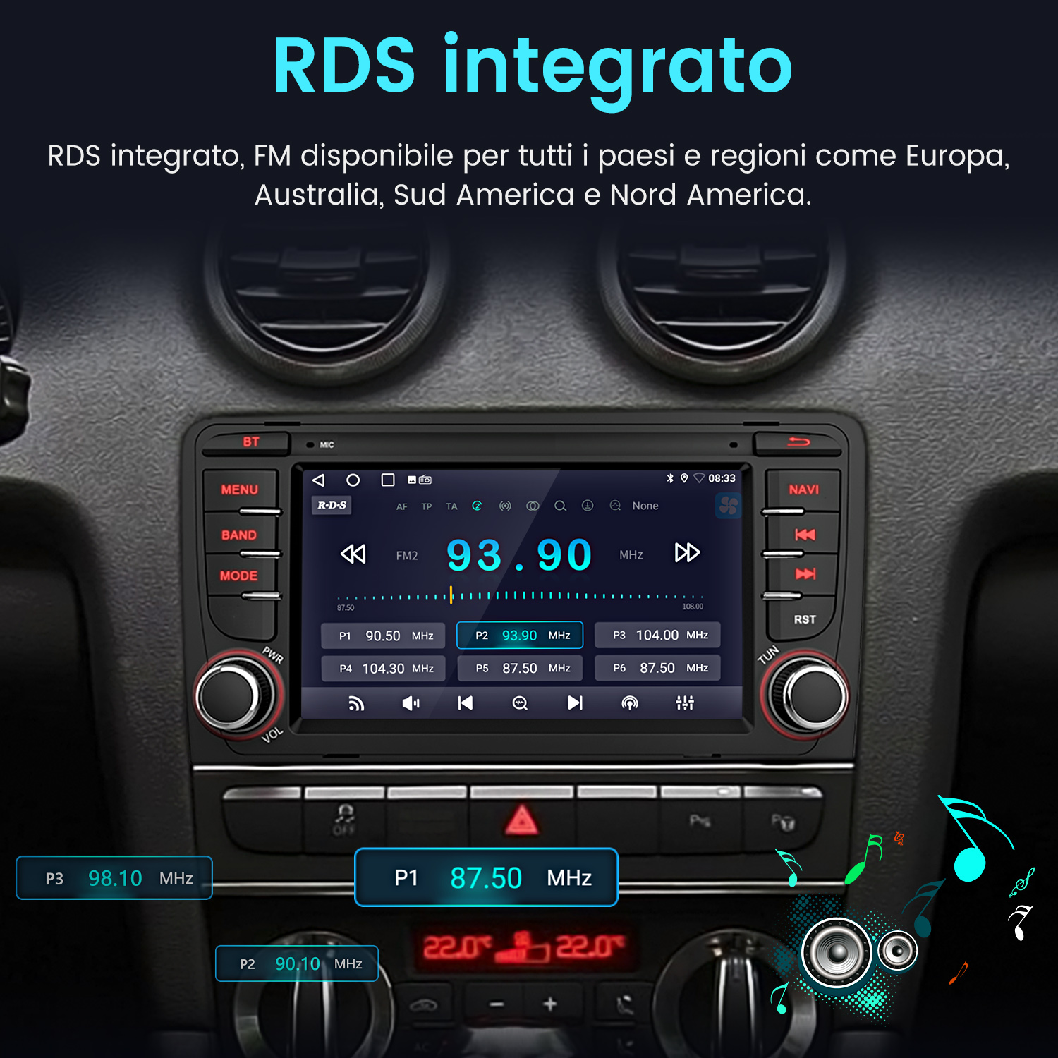 Uno schermo autoradio con informazioni radio. Mostra le frequenze radio FM, con una vista del cruscotto dell'auto.