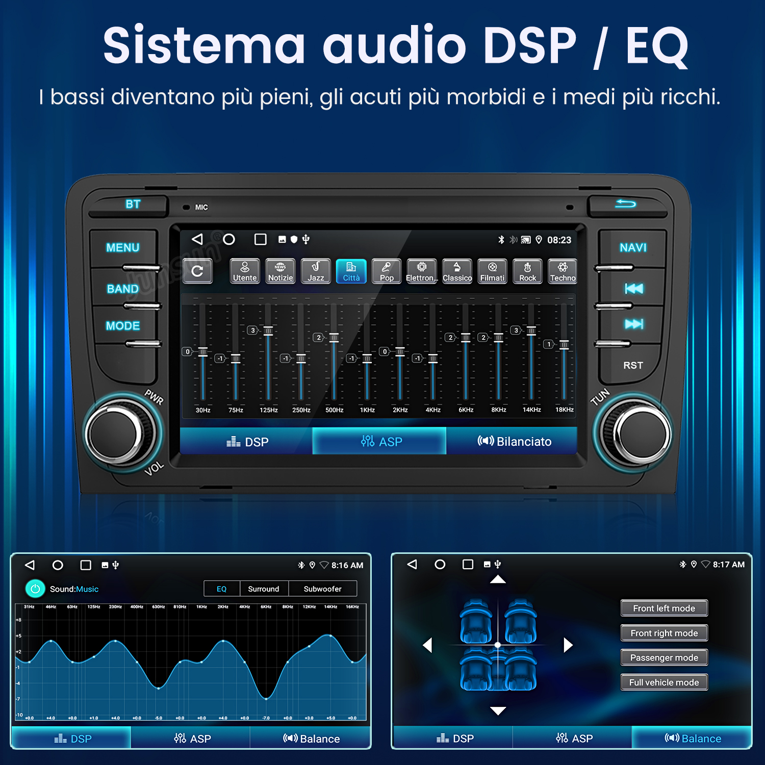 Interfaccia stereo per auto con touch screen. Mostra banda, modalità, volume, navigazione e altre opzioni.