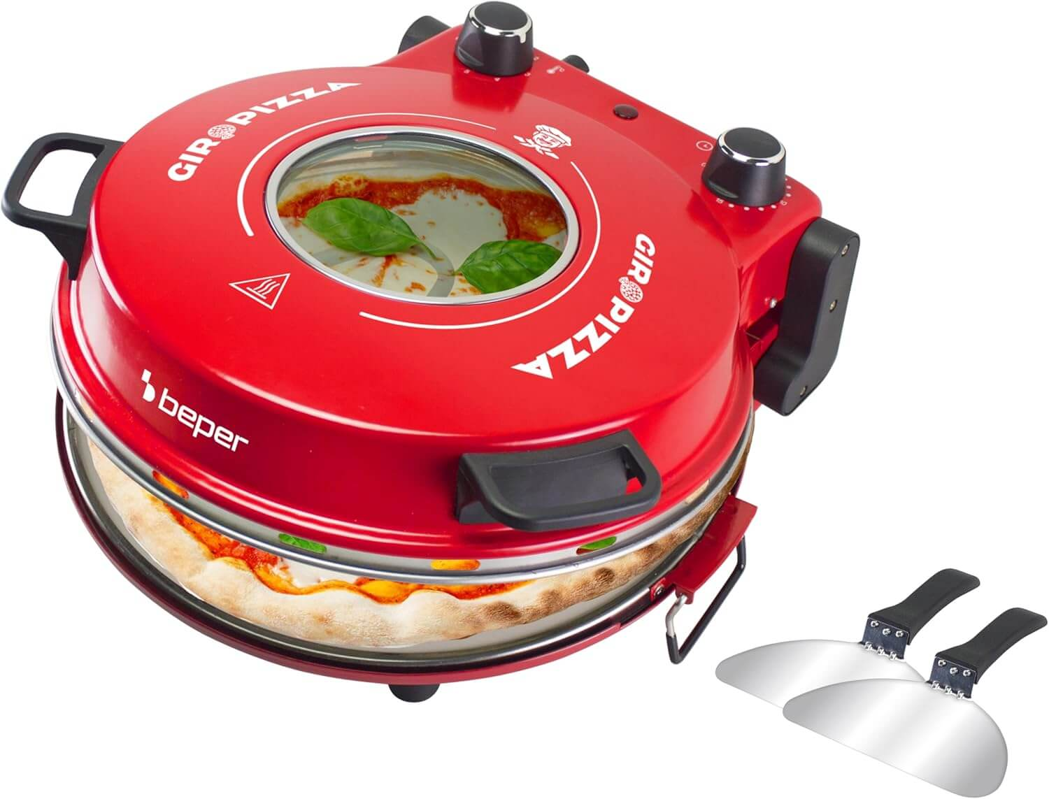 Un forno Giro Pizza rosso con una pizza all'interno e due alzatine per pizza in metallo.