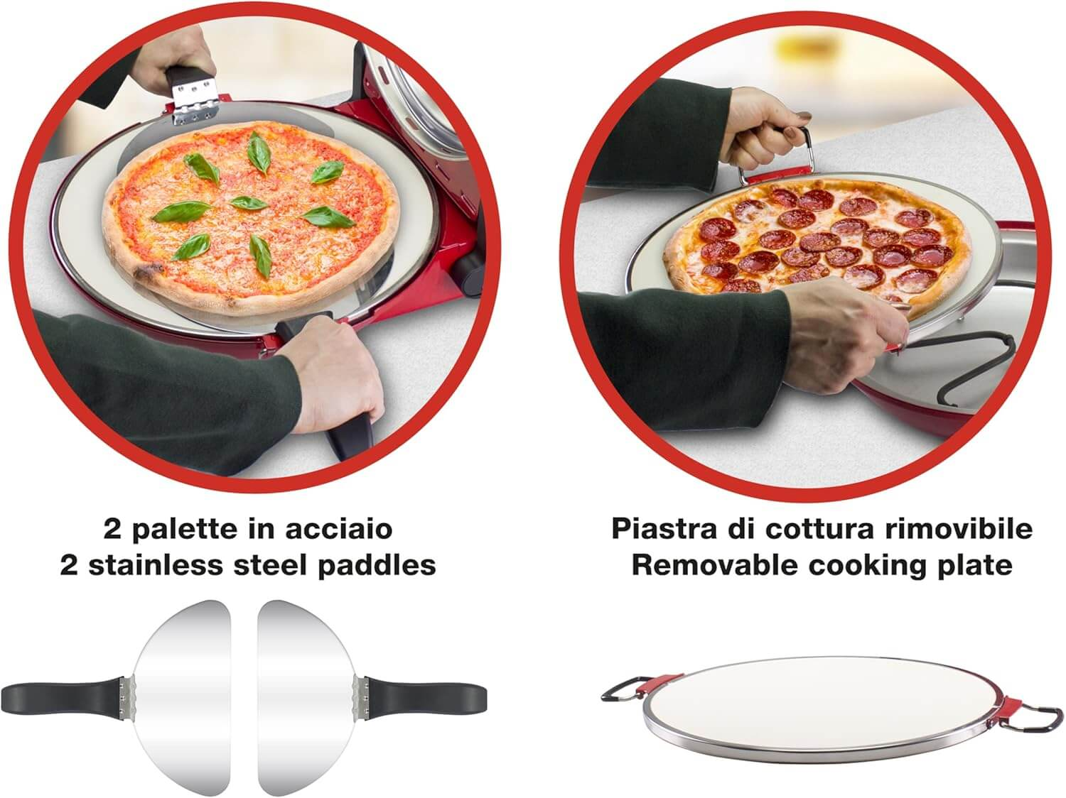 Due pizze vengono cotte in un forno per pizza rosso con due palette in acciaio inox.