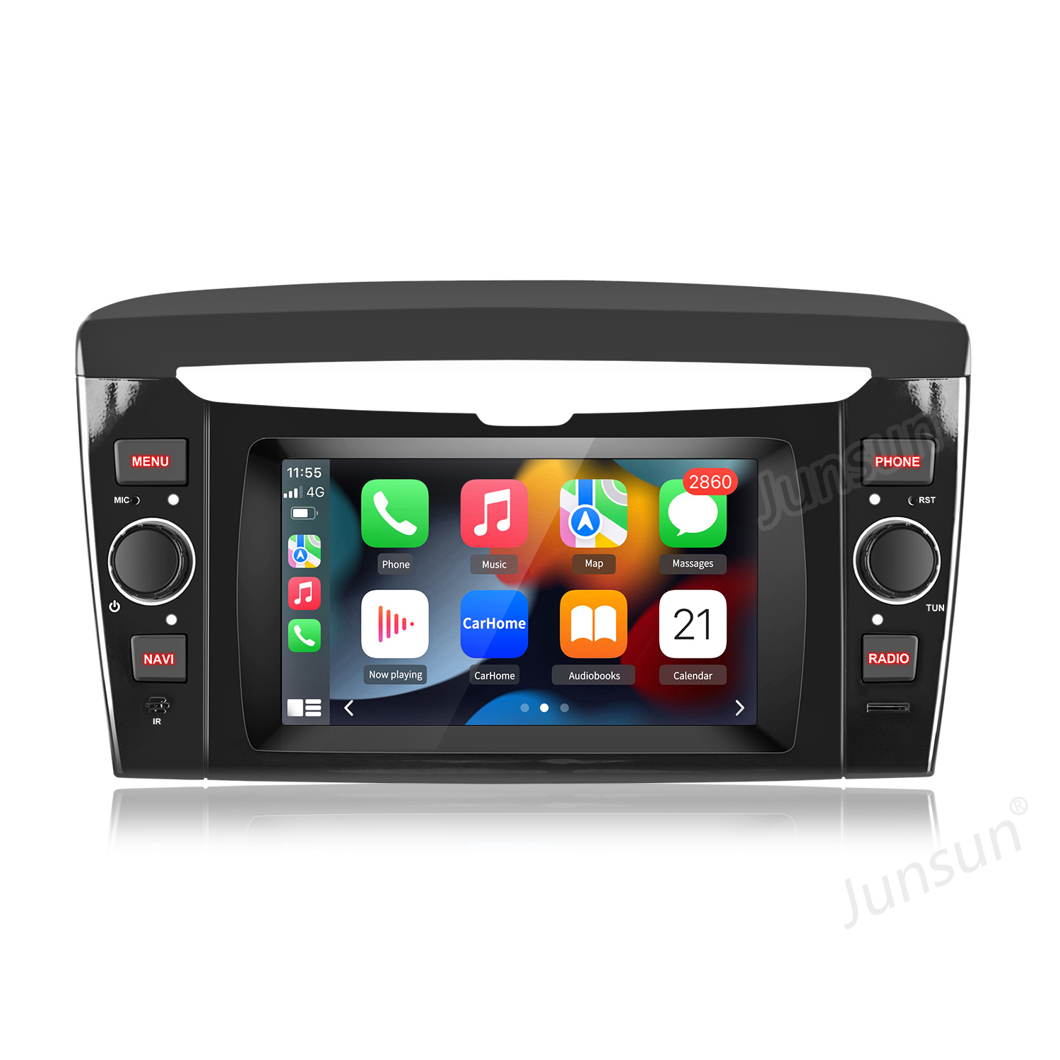 Schermo di infotainment per auto nero che mostra un'interfaccia iPhone con app come Musica e CarHome.