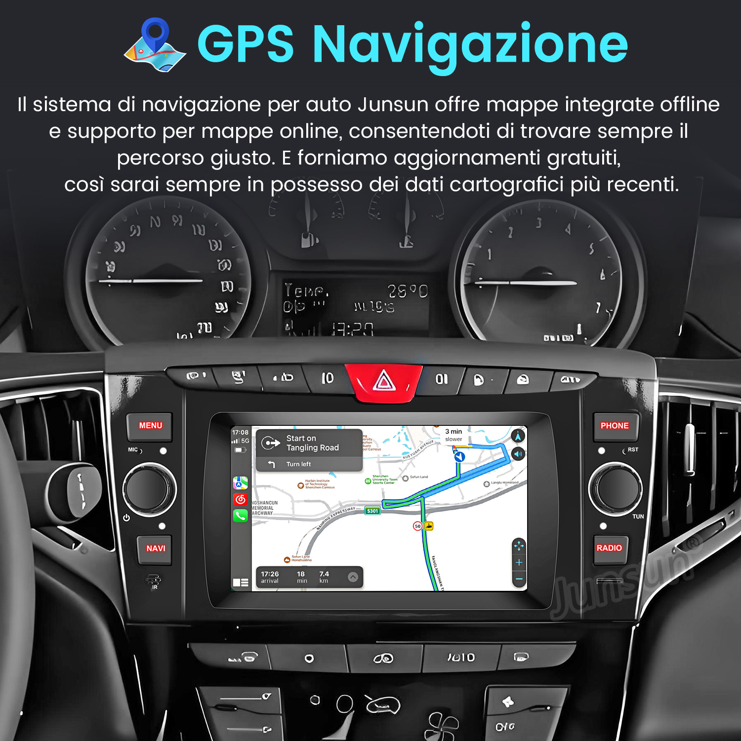 Cruscotto auto con sistema di navigazione GPS che mostra una mappa e indicazioni sullo schermo.