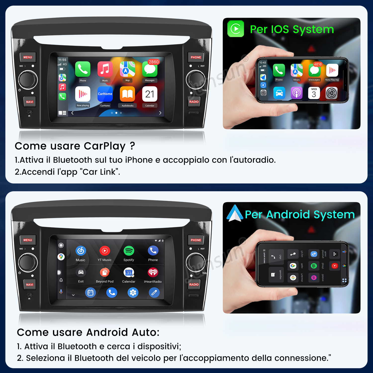 Schermo di infotainment per auto con CarPlay per iOS e Android, interfacce delle app e istruzioni.