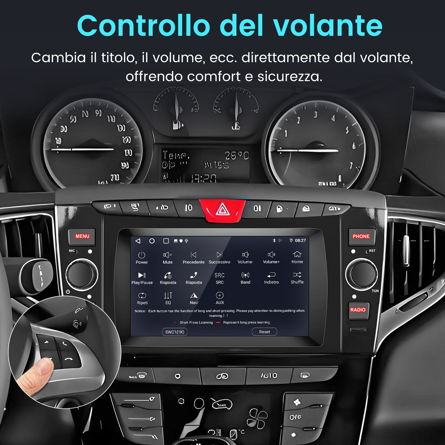 Cruscotto auto che mostra controlli come volume, muto e selezione traccia, più display digitale.