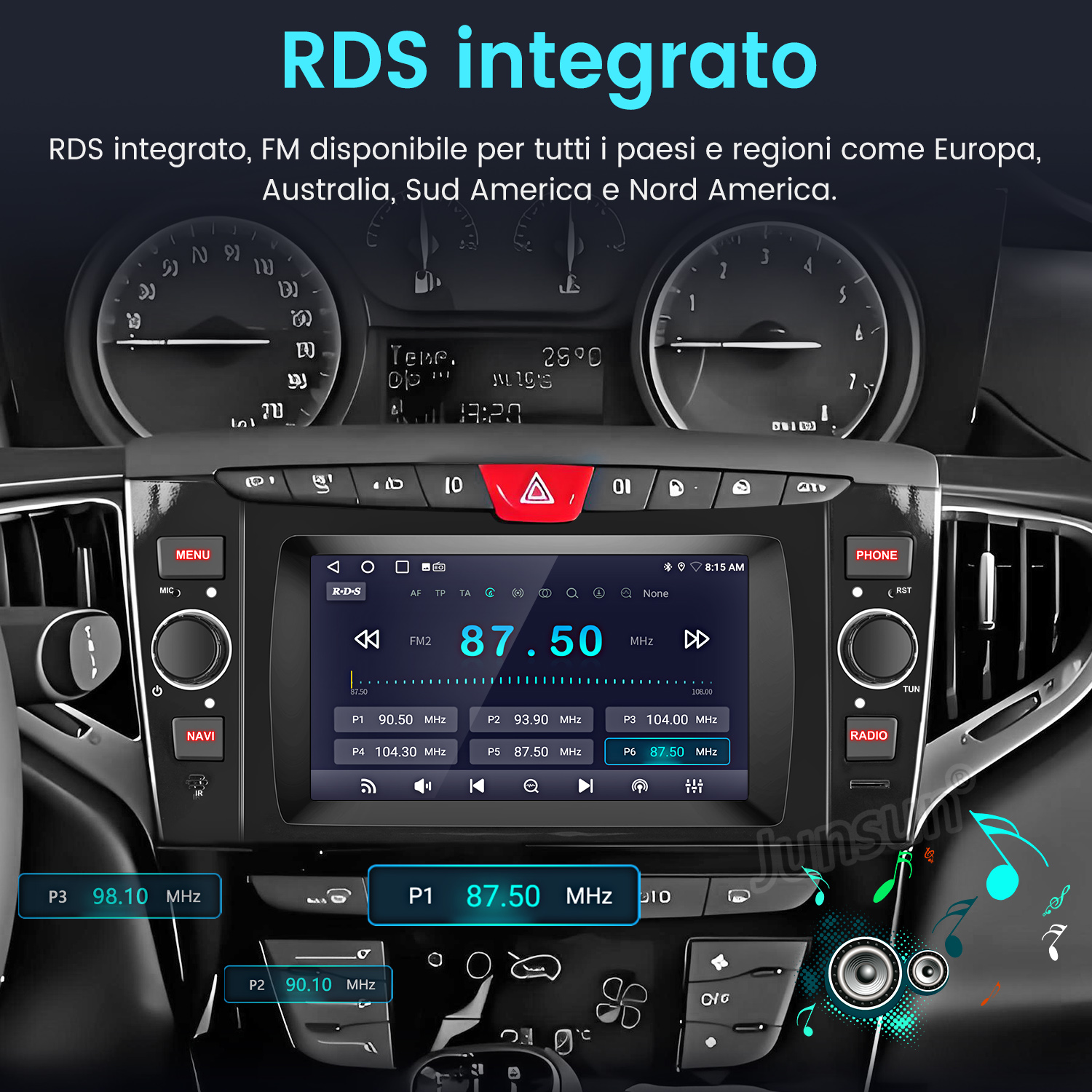Cruscotto auto con RDS integrato, che mostra frequenze radio e pulsanti di controllo su uno schermo.
