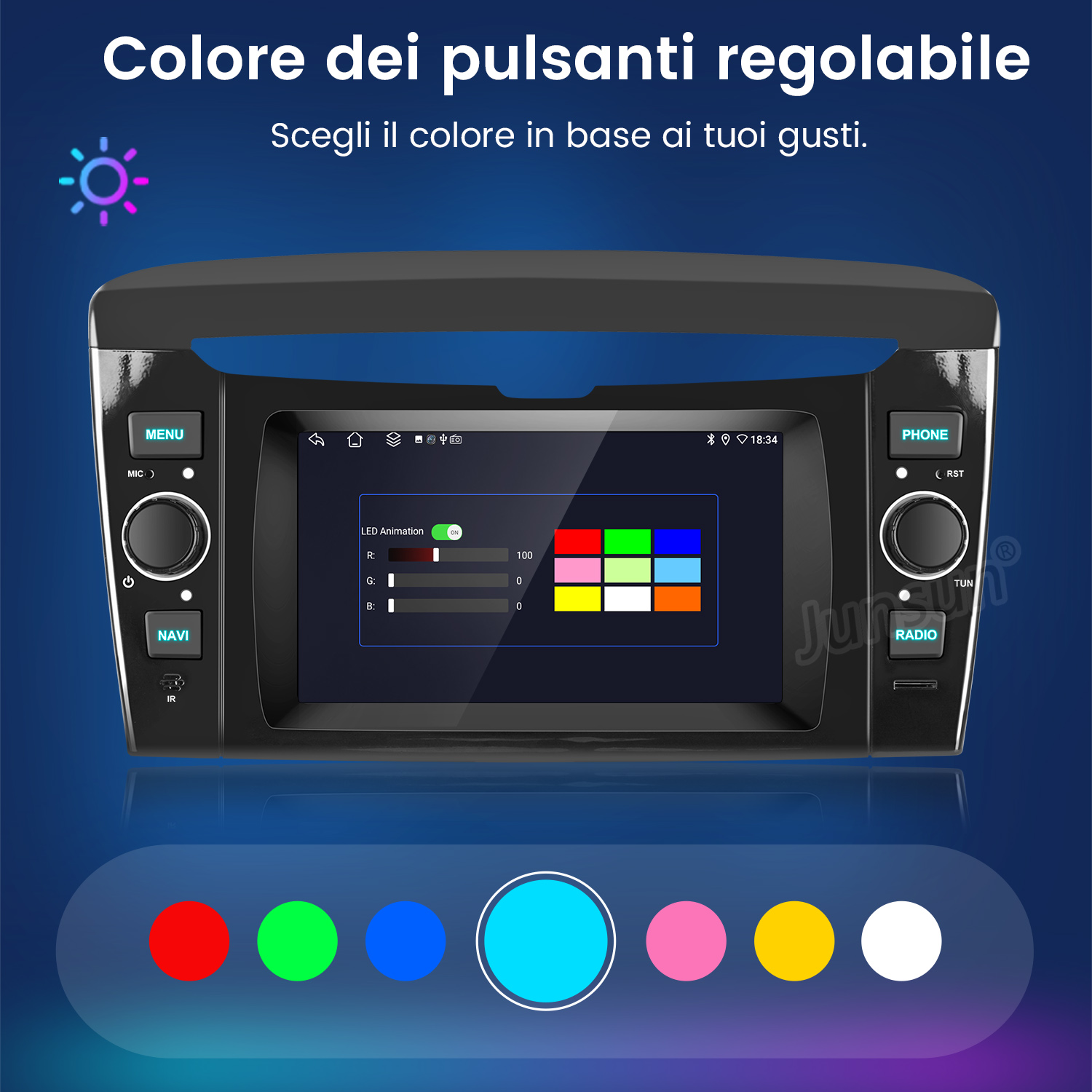 Schermo di infotainment per auto con colori dei pulsanti regolabili, opzioni colore e pannello di controllo.
