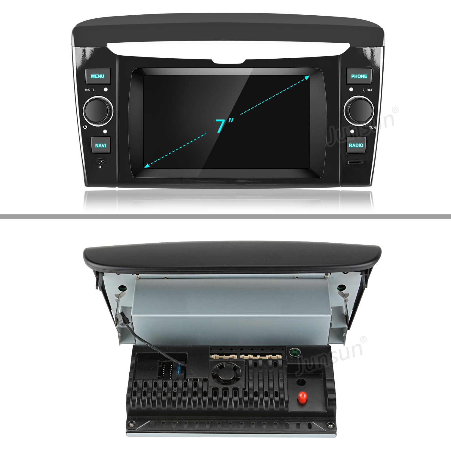 Sistema di infotainment per auto con schermo da 7 pollici, che mostra il display e il retro con i connettori.