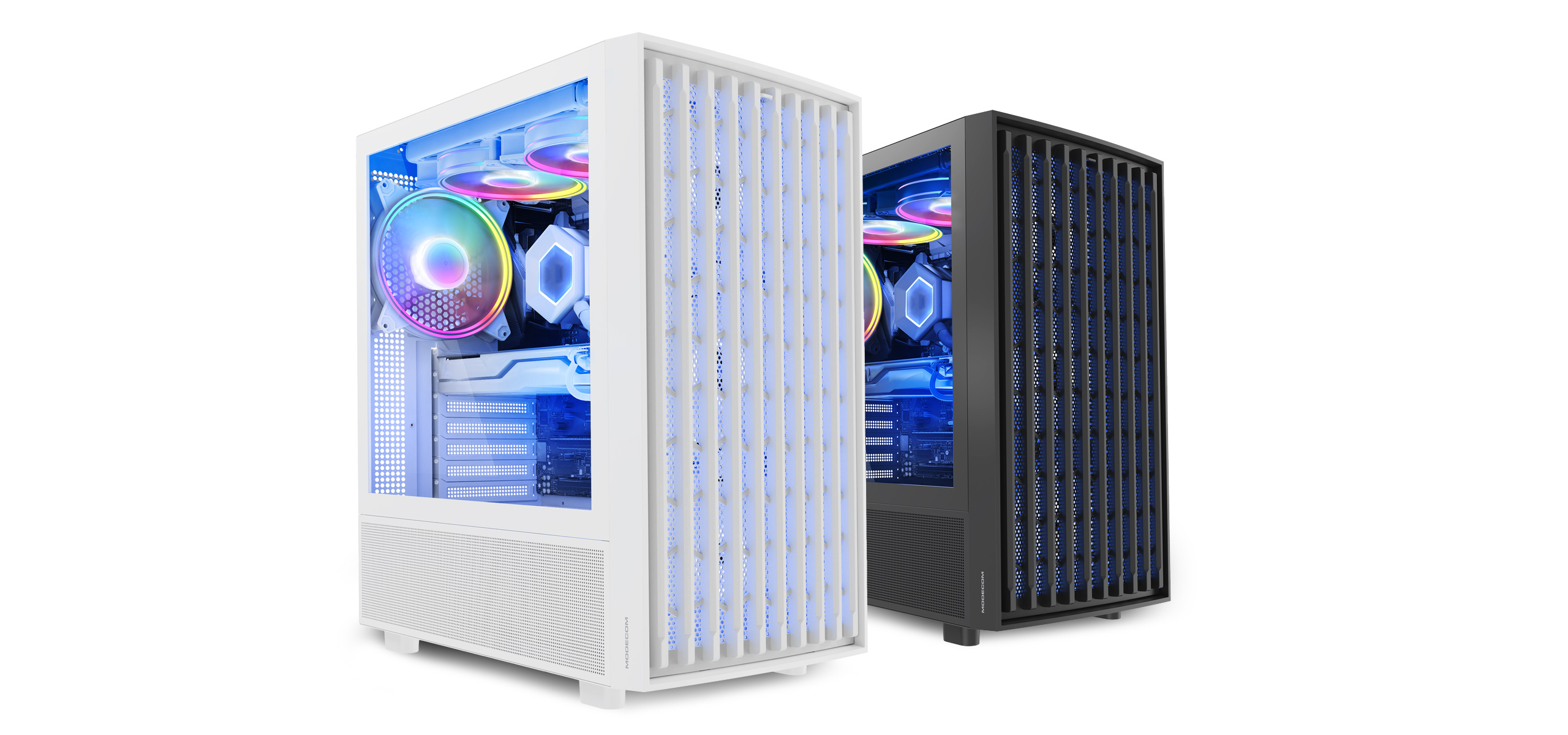 Dwie obudowy komputerowe, biała i czarna, z wentylatorami RGB i LED.