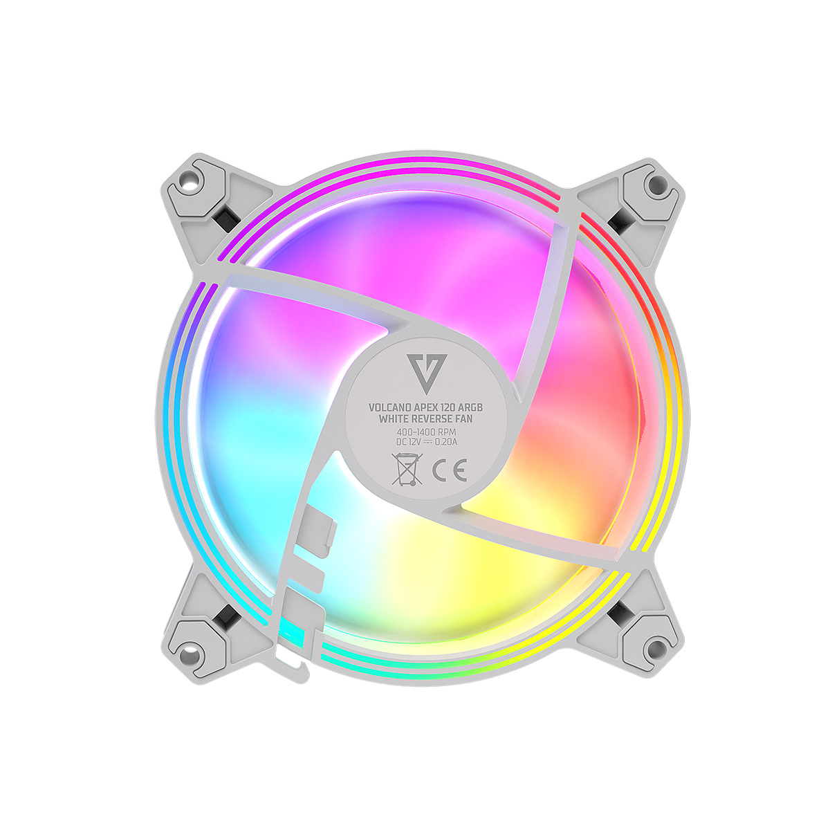 Biały wentylator z kolorowym RGB, tył pokazuje logo marki i szczegóły.