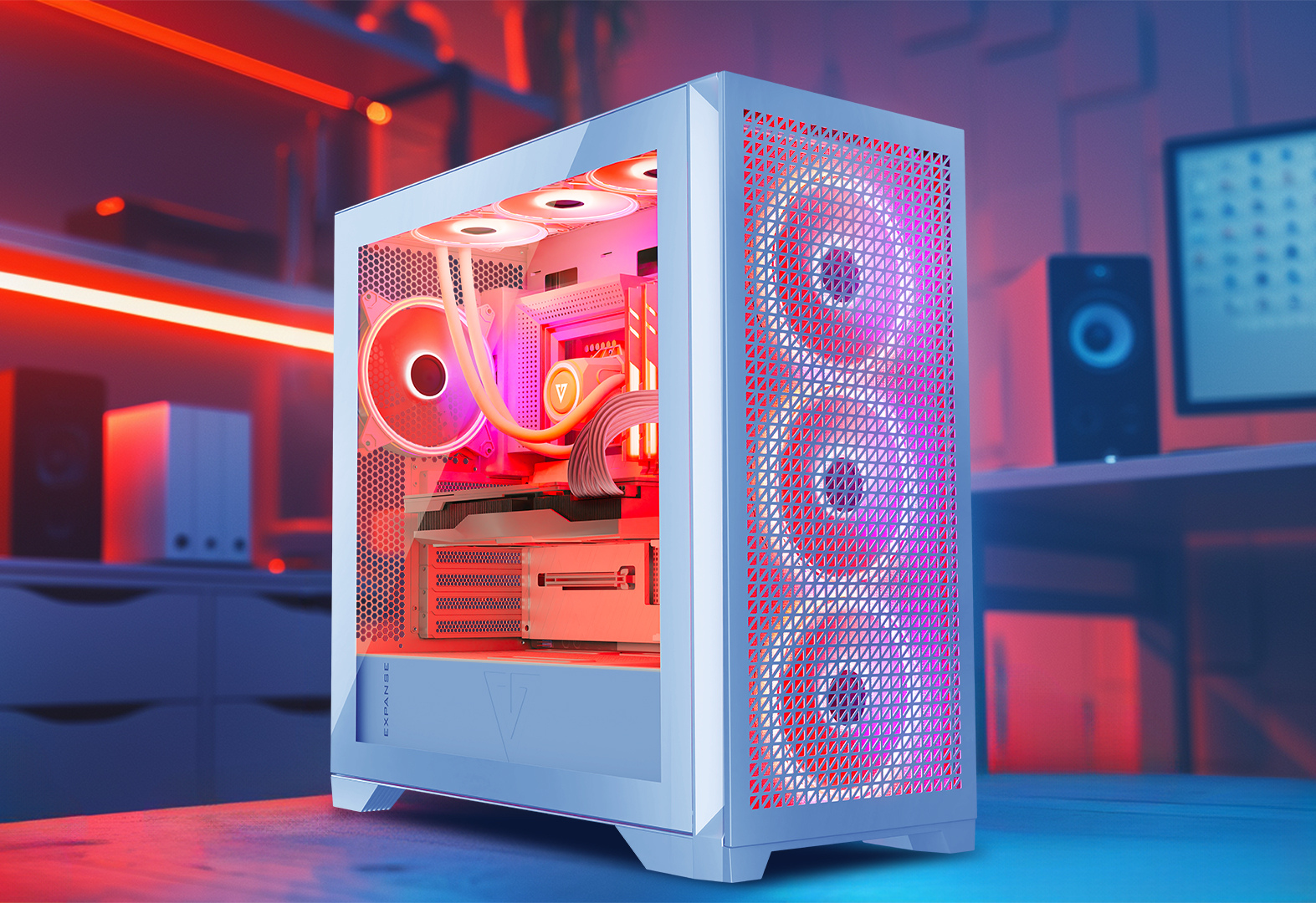 Biała obudowa komputera z wentylatorami RGB i podświetlonym wnętrzem na biurku.