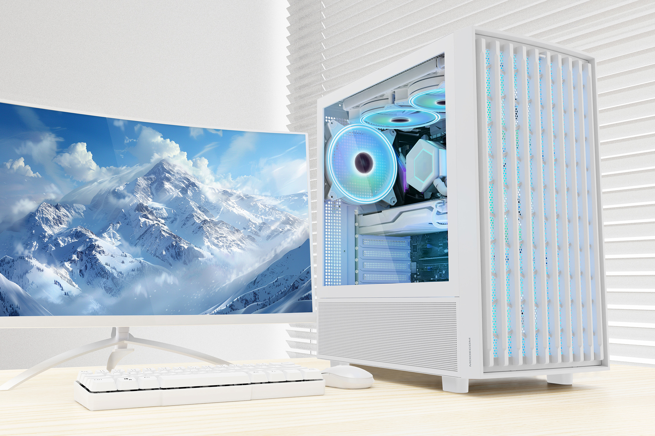 Biała obudowa komputera obok zakrzywionego monitora, klawiatury i myszy.